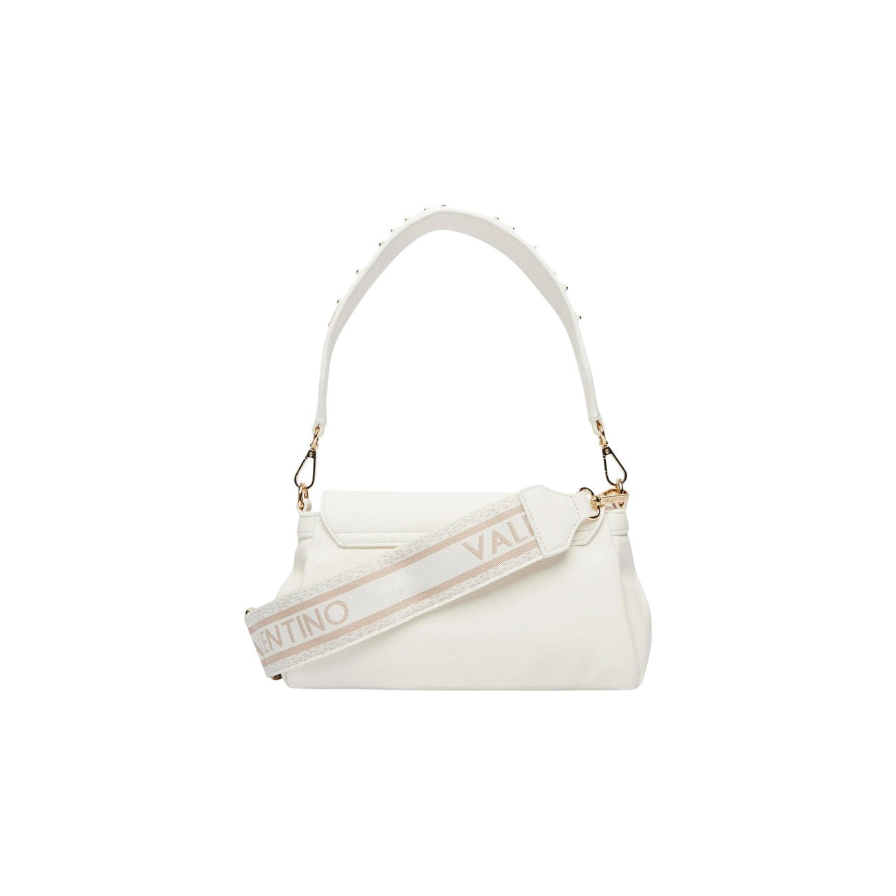 Borsa Piccola Bianca Donna Valentino Bags Dea; Misure 10x16x8 cm. Tessuto 100% poliuretano con chiusura a patta e cerniera interna. Doppia tracolla rimovibile con borchie e logo in metallo dorato lucido, stile elegante 4 stagioni. Posteriore 