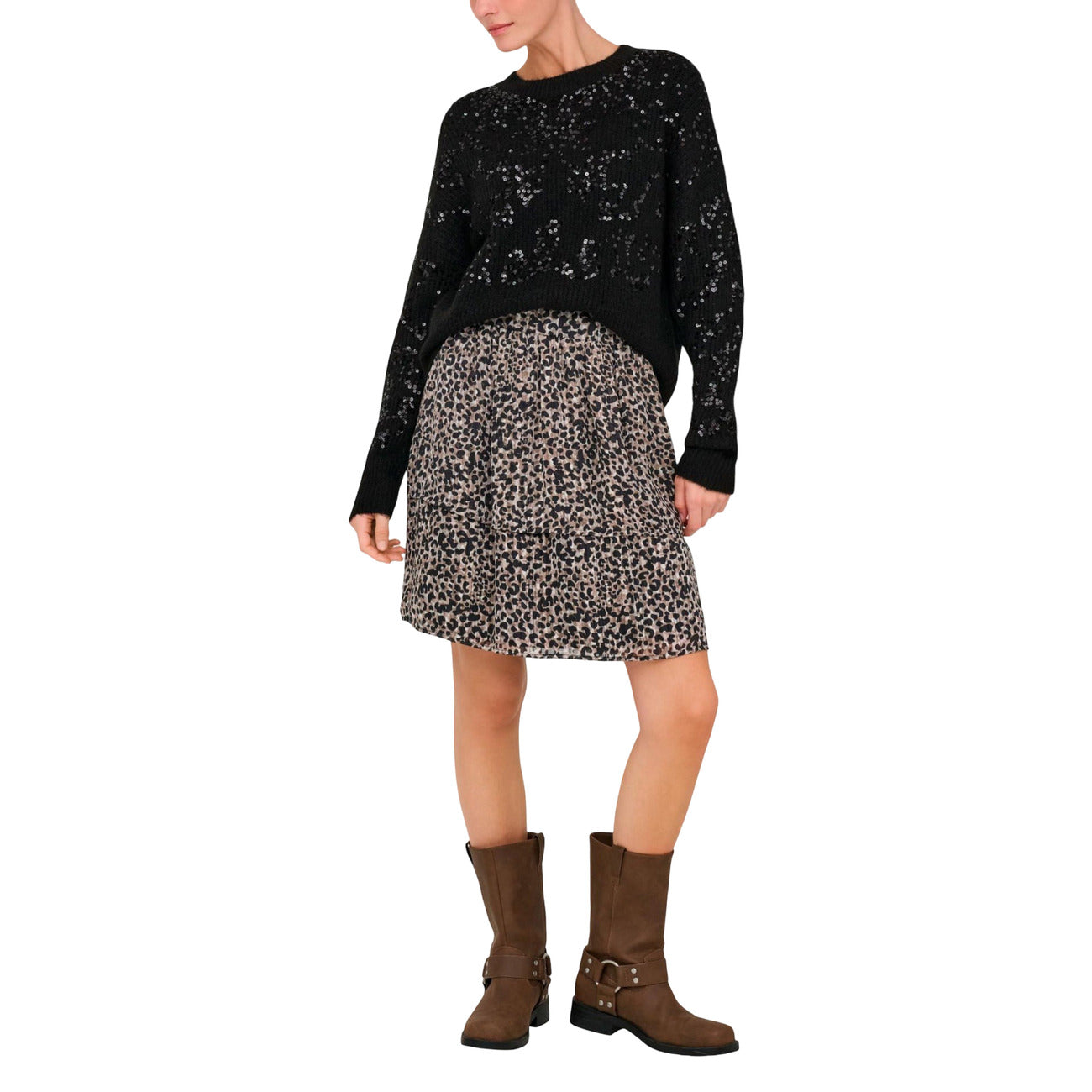 Only Maglia Donna Nera Maniche Lunghe con Paillettes - Maglia Acrilico Poliestere Elastan Scollo Tondo