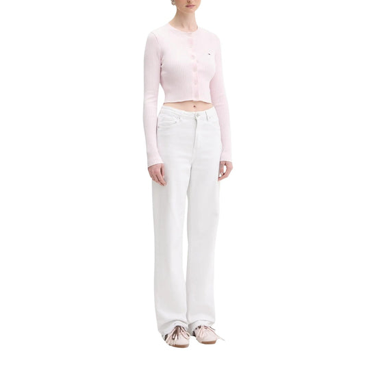 Cardigan Tommy Hilfiger Jeans donna rosa con bottoni - vista laterale indossata da modello figura intera
