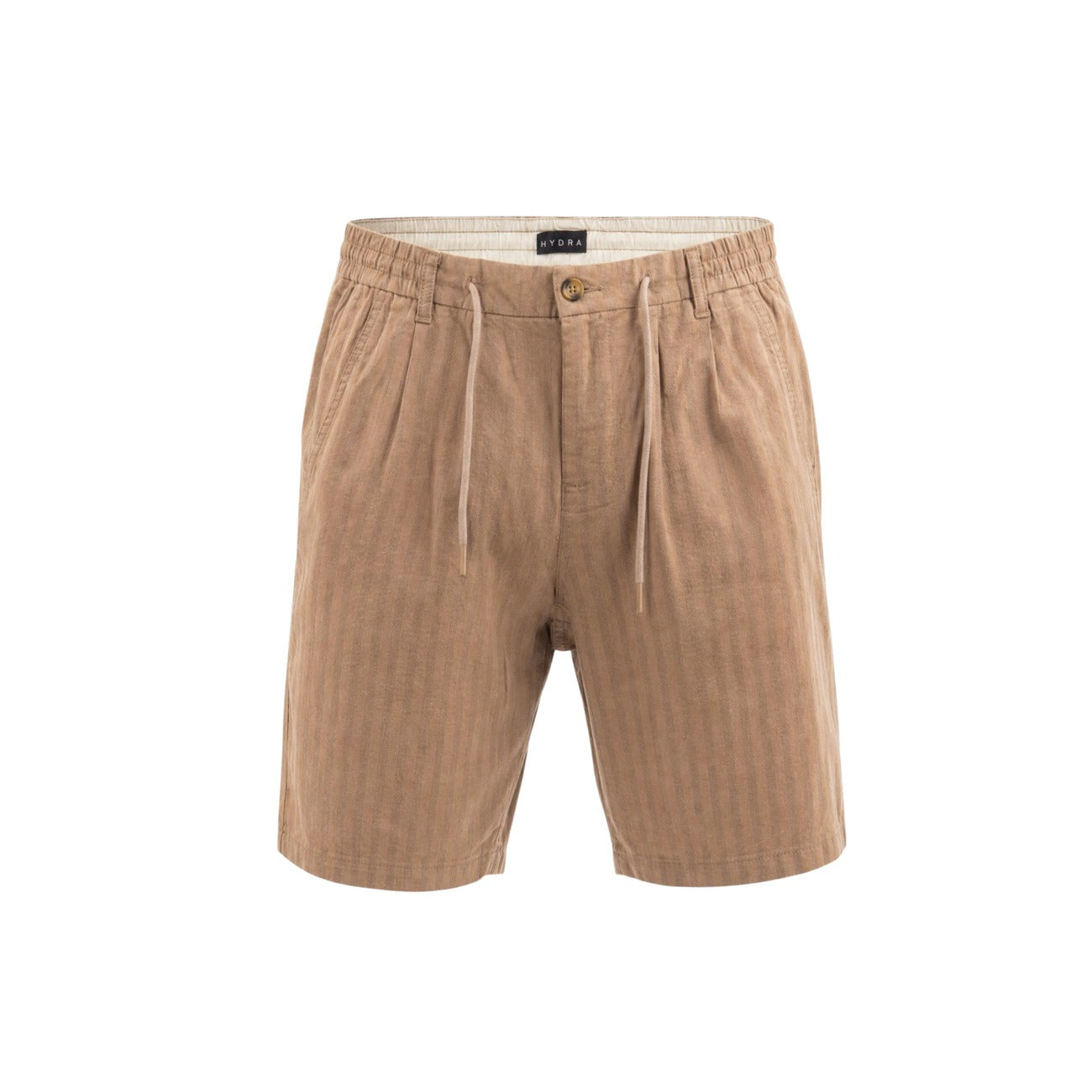 Bermuda Marroni Hydra Clothing; 100% Cotone. Righe sottili, vita elastica con coulisse e passanti. Tasche a filetto, vestibilità regular. Leggeri, resistenti e ideali per il caldo estivo. Frontale stesa 