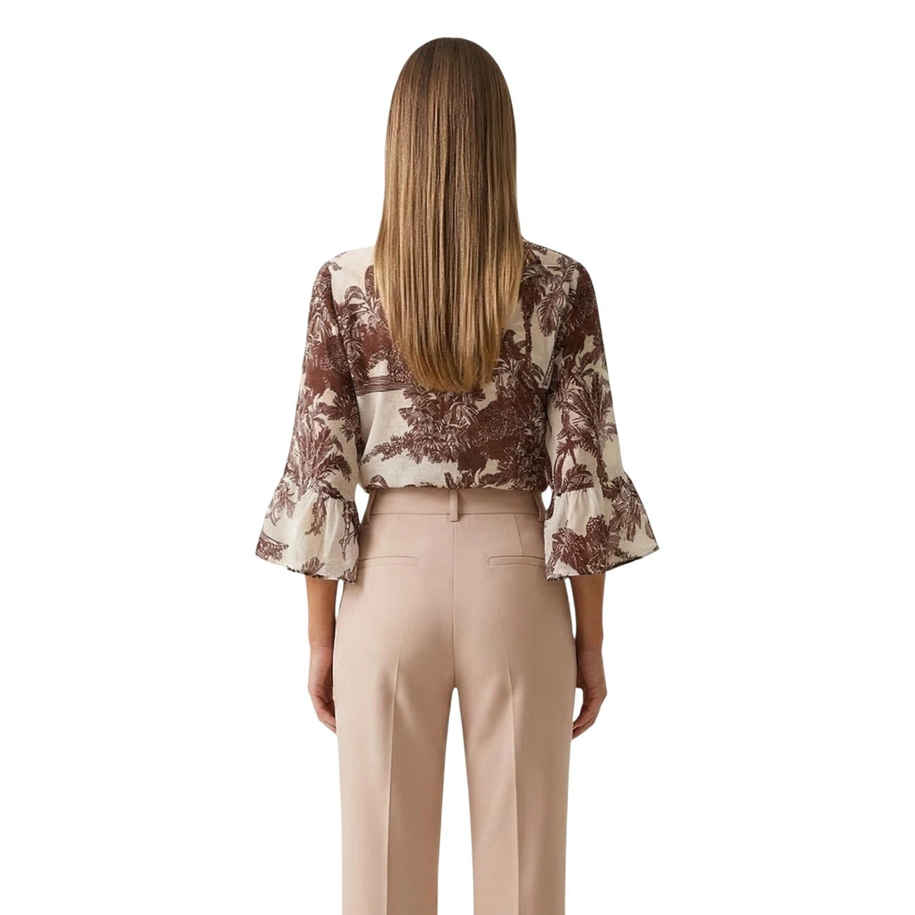 Camicia Artigli ACCA004768; 100% Cotone. Stampa botanica, nodo frontale in vita, maniche lunghe. Camicia donna fresca, iconica e facile da abbinare per la PE26. Vista posteriore 