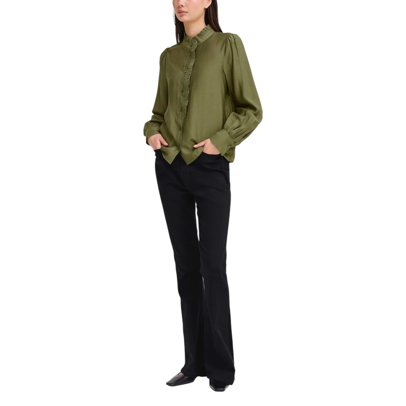 Ichi Camicia Donna Verde Maniche Lunghe - Camicia Viscosa Bottoni Colletto Coreana