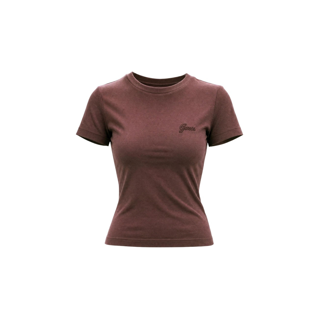T-shirt Guess Active donna marrone modello V6YI02 K4259. Maglietta a maniche corte slim fit in jersey di viscosa stretch con scollo tondo e logo Guess ricamato sul davanti, t-shirt sportiva leggera e casual per il tempo libero e l'allenamento.