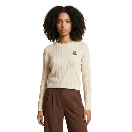 Maglia Jacqueline De Yong JDYBOW EMB. L/S O-NECK CABLE PULL KNT donna beige manica lunga scollo tondo 50% acrilico 50% cotone - vista frontale indossata da modello