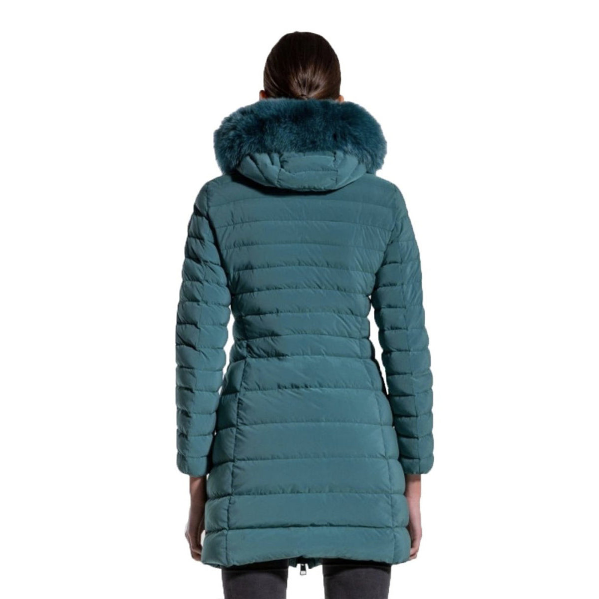Piumino Peuterey donna turchese BO_1400 con vera pelliccia. Giubbotto invernale sciancrato idrorepellente in piuma d'oca con cappuccio e bordo in pelliccia di volpe, trapuntatura sagomata e zip a 2 vie, abbigliamento donna autunno inverno