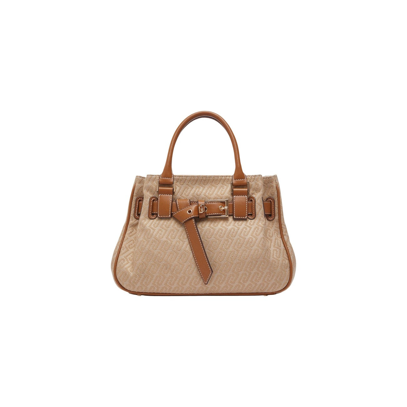 Borsa Liu Jo S Tote Monogram; 100% Poliestere con dettagli effetto pelle. Manici rigidi, cintura decorativa metallica, design semi-rigido. Borsa a mano elegante e spaziosa. Vista frontale 
