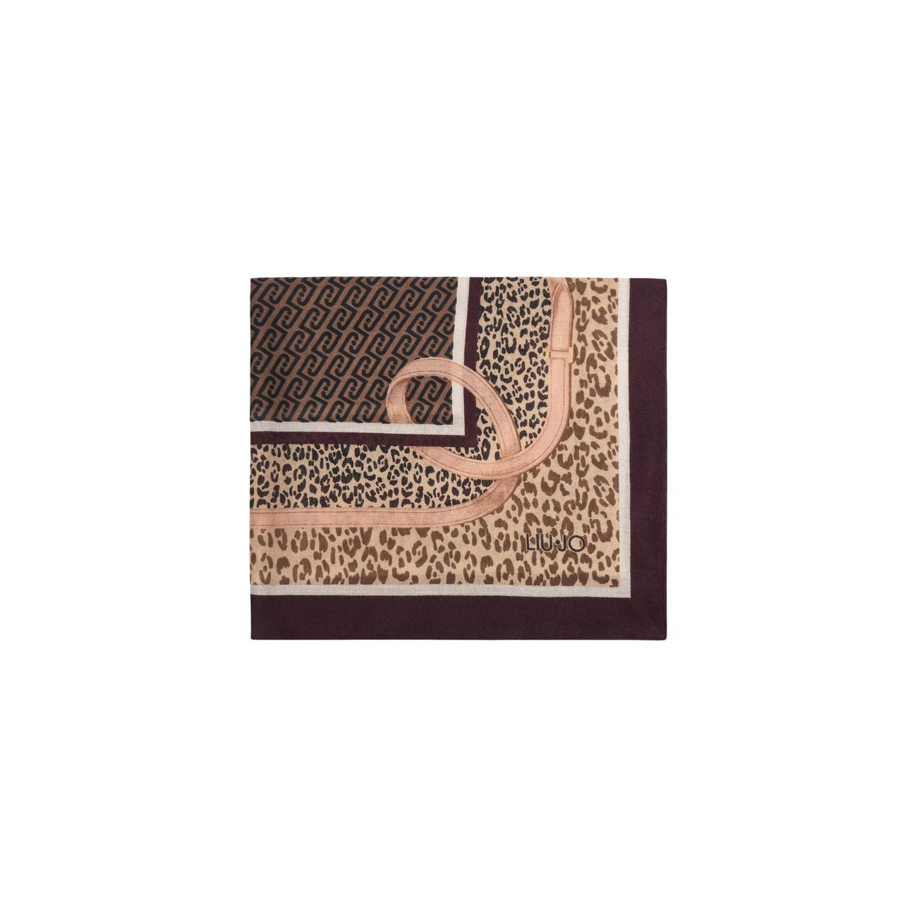 Sciarpa Liu Jo donna viola fantasia 2F6063 T2745. Stola mezza stagione in tessuto leggero e morbido con motivi geometrici, dettagli pitonati e monogramma Liu Jo, accessori donna.