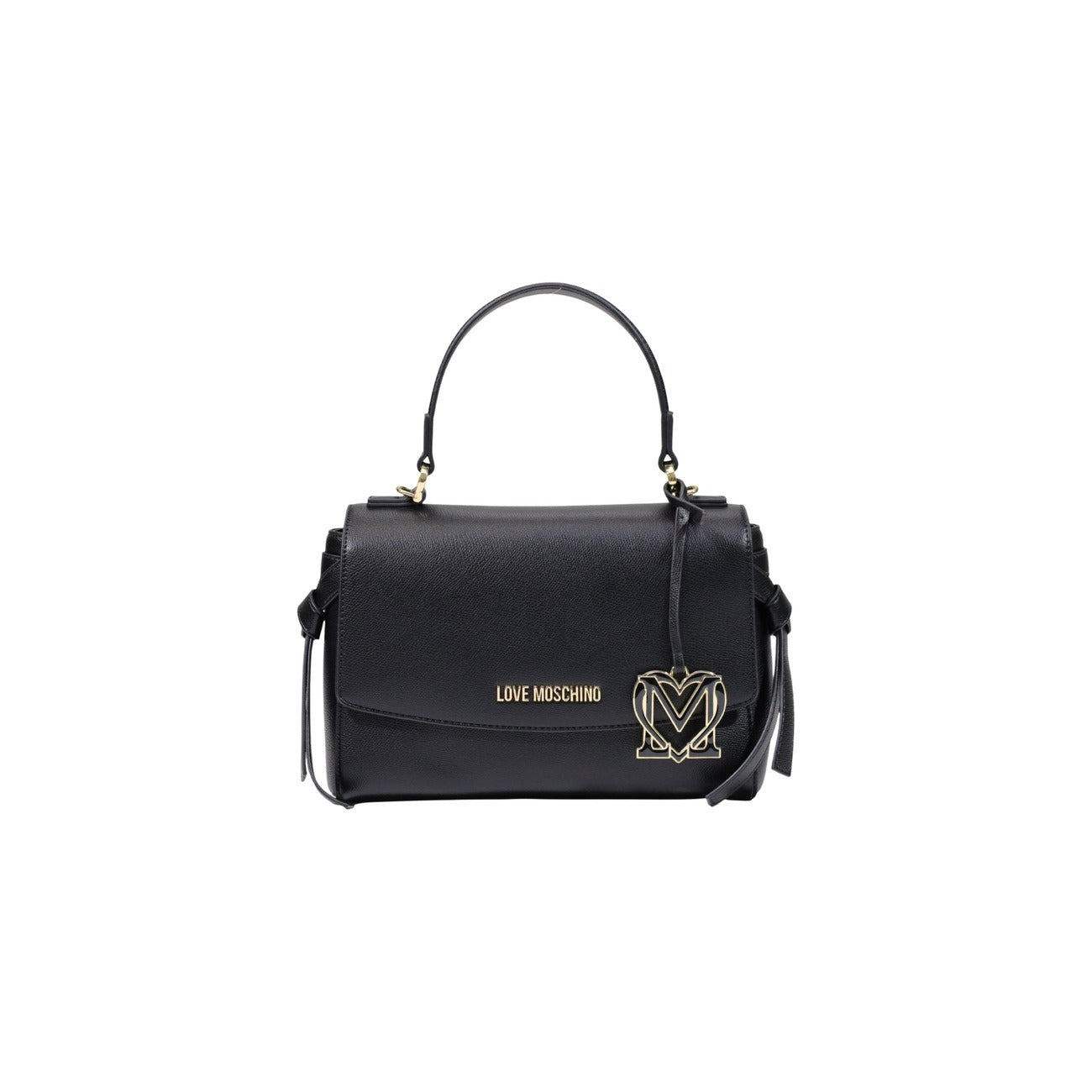 Borsa Love Moschino donna nera a mano modello JC4061PP. Borsetta media rigida effetto pelle nera con tracolla, patta e charm dorato pendente stile elegante, casual chic e da sera.