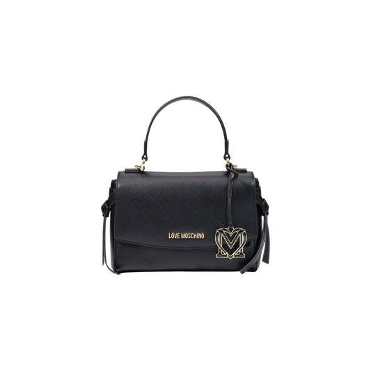 Borsa Love Moschino donna nera a mano modello JC4061PP. Borsetta media rigida effetto pelle nera con tracolla, patta e charm dorato pendente stile elegante, casual chic e da sera.