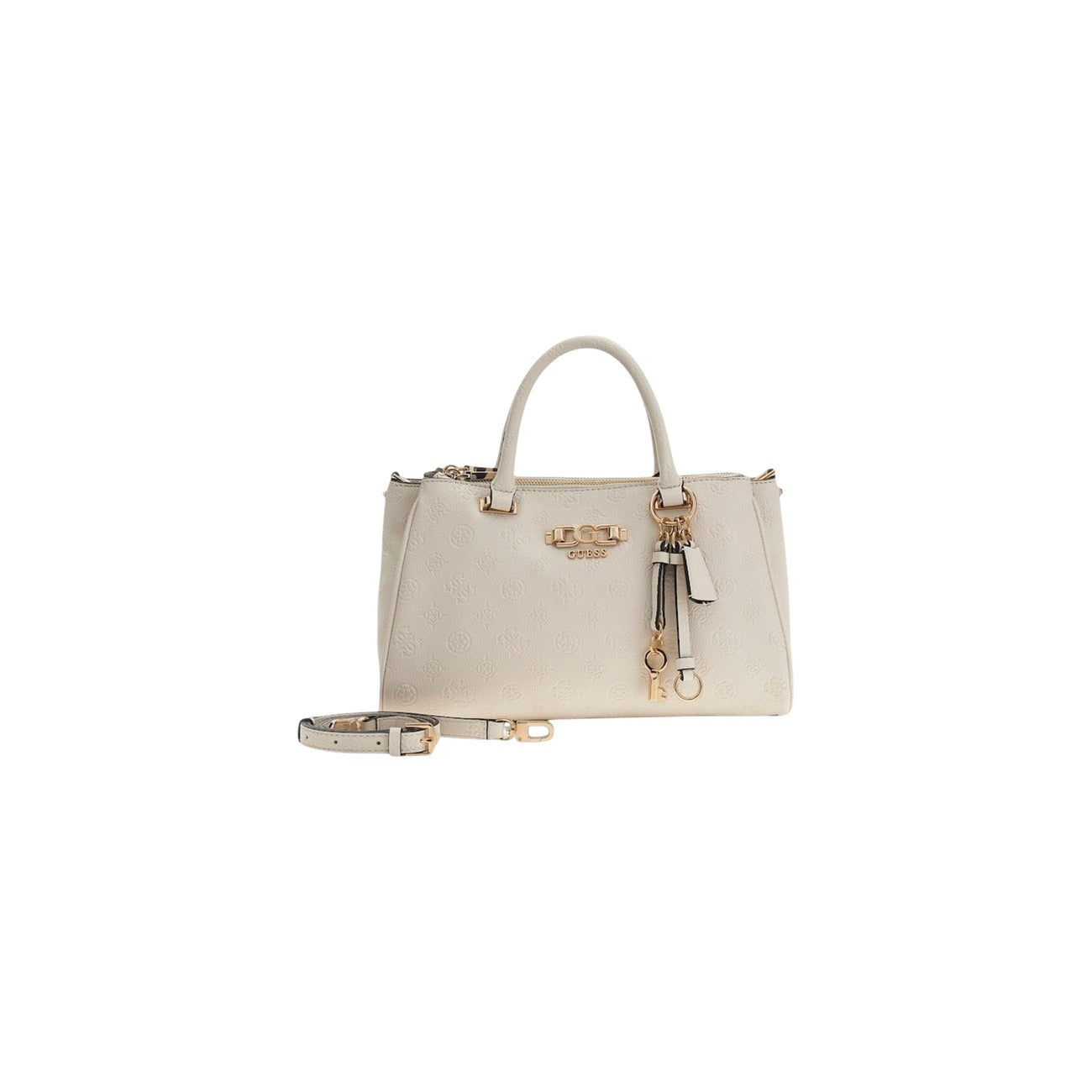 Guess Anise Triple Comp Satchel HWPD99, borsa beige media con tre scomparti e charm a chiave; dettagli dorati, chiusura sicura e logo Guess, ideale per l'uso quotidiano organizzato. Vista frontale 
