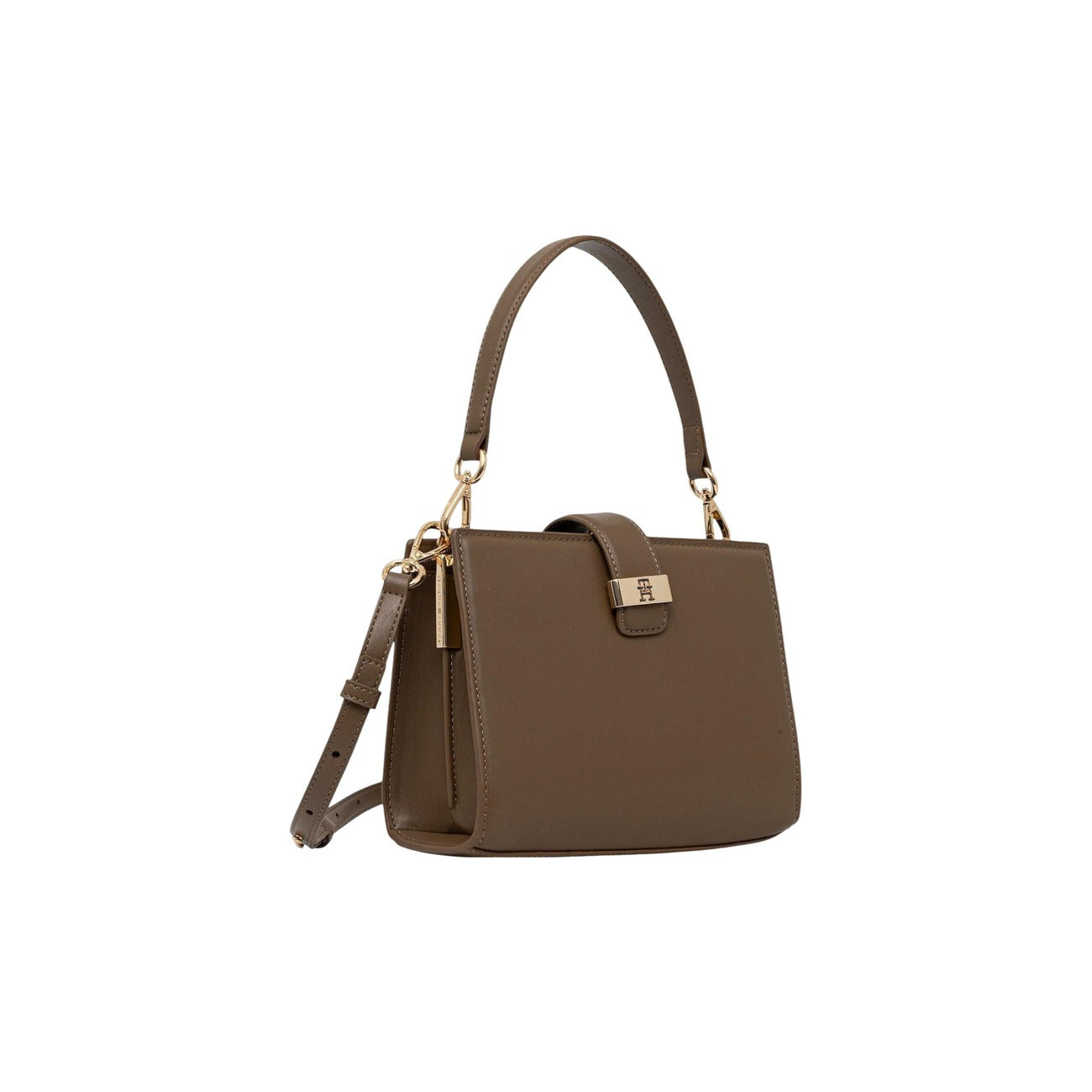 Borsa Tommy Hilfiger Small Satchel; 100% Poliuretano. Charm dorato, placchetta monogramma TH, doppia portabilità (manico/tracolla). Design compatto e raffinato, capienza 1,8 l. Colore marrone vista frontale laterale 