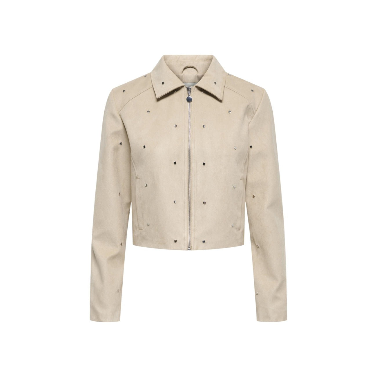 Giacca Jacqueline De Yong donna beige con cerniera maniche lunghe scollo tondo colletto classico tasche anteriori 100% poliestere - vista frontale