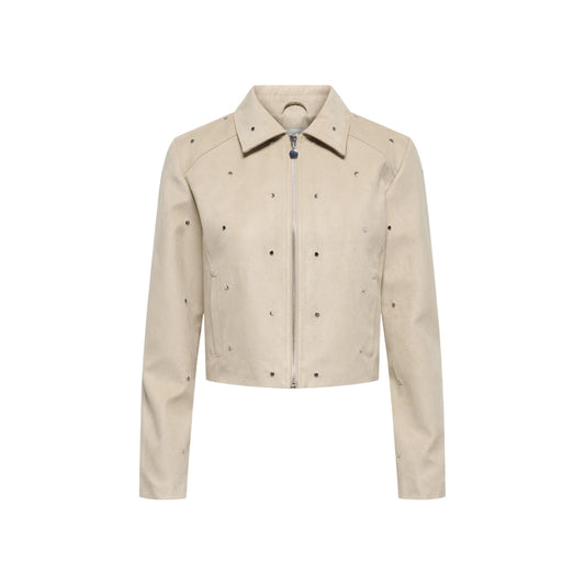 Giacca Jacqueline De Yong donna beige con cerniera maniche lunghe scollo tondo colletto classico tasche anteriori 100% poliestere - vista frontale