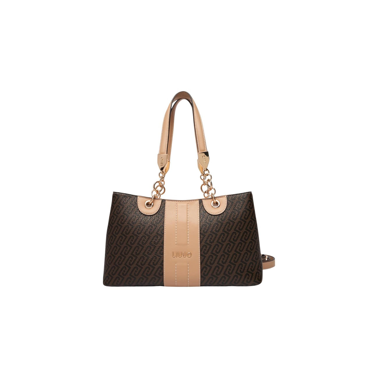 Borsa Liu Jo S Tote Catena; 100% Poliuretano. Motivo monogram, manici a catena dorata, dettagli gold. Borsa media strutturata, elegante e versatile. Colore marrone 