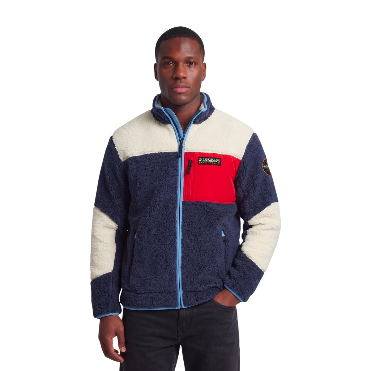Giacca pile uomo Napapijri Yupik FZ 5 – Pile colorblock blu beige nero con zip YUPIK FZ 5.
