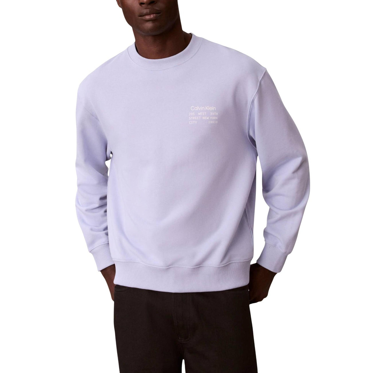 Felpa CK Jeans Girocollo; 100% Cotone. Logo stampato sul petto, finiture a coste, vestibilità regular. Maglia uomo leggera e versatile, perfetta per il layering quotidiano. Colore lilla vista frontale 