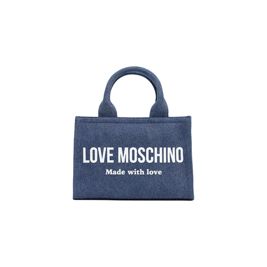 Borsa Love Moschino donna blu bauletto modello JC4055PP1. Borsetta media a mano in tela blu scuro con doppi manici, logo stampato bianco e scritta motto sul davanti, stile casual chic ed elegante.