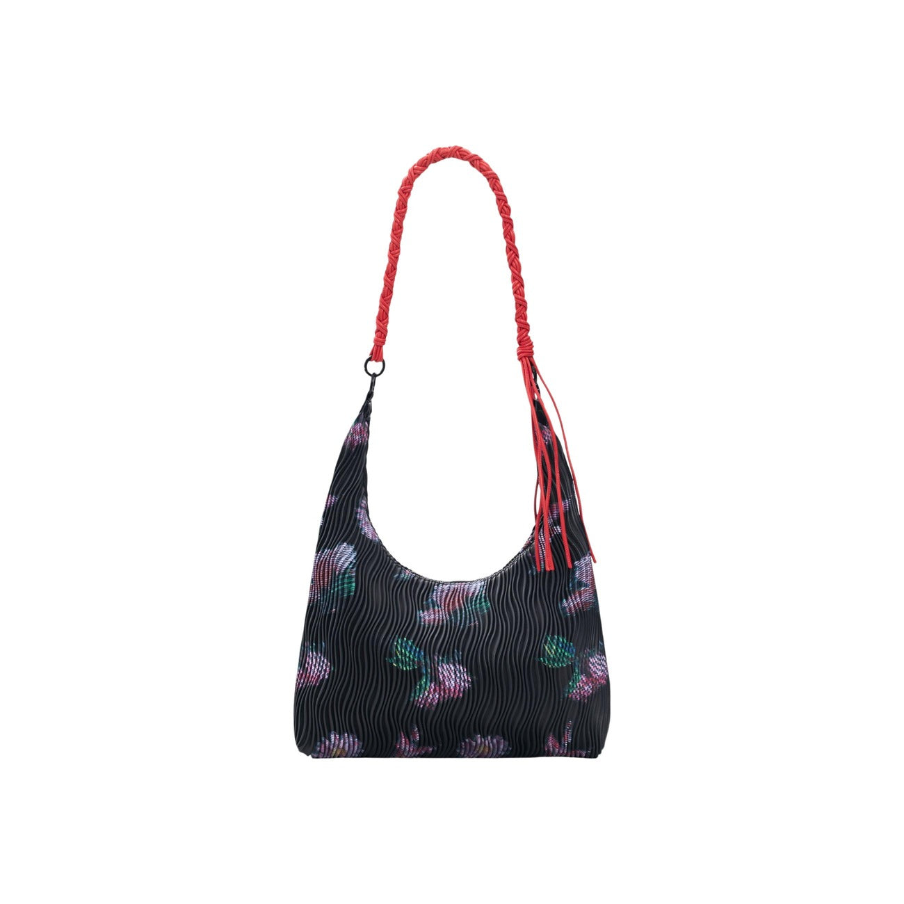 Borsa Ovale Donna Desigual SS26; Nero Multicolor. 100% Poliestere effetto pelle testurizzata, stampa a fiori astratti, chiusura con zip e tracolle intercambiabili. Misure medie e capienti (35x28 cm), stile originale.
