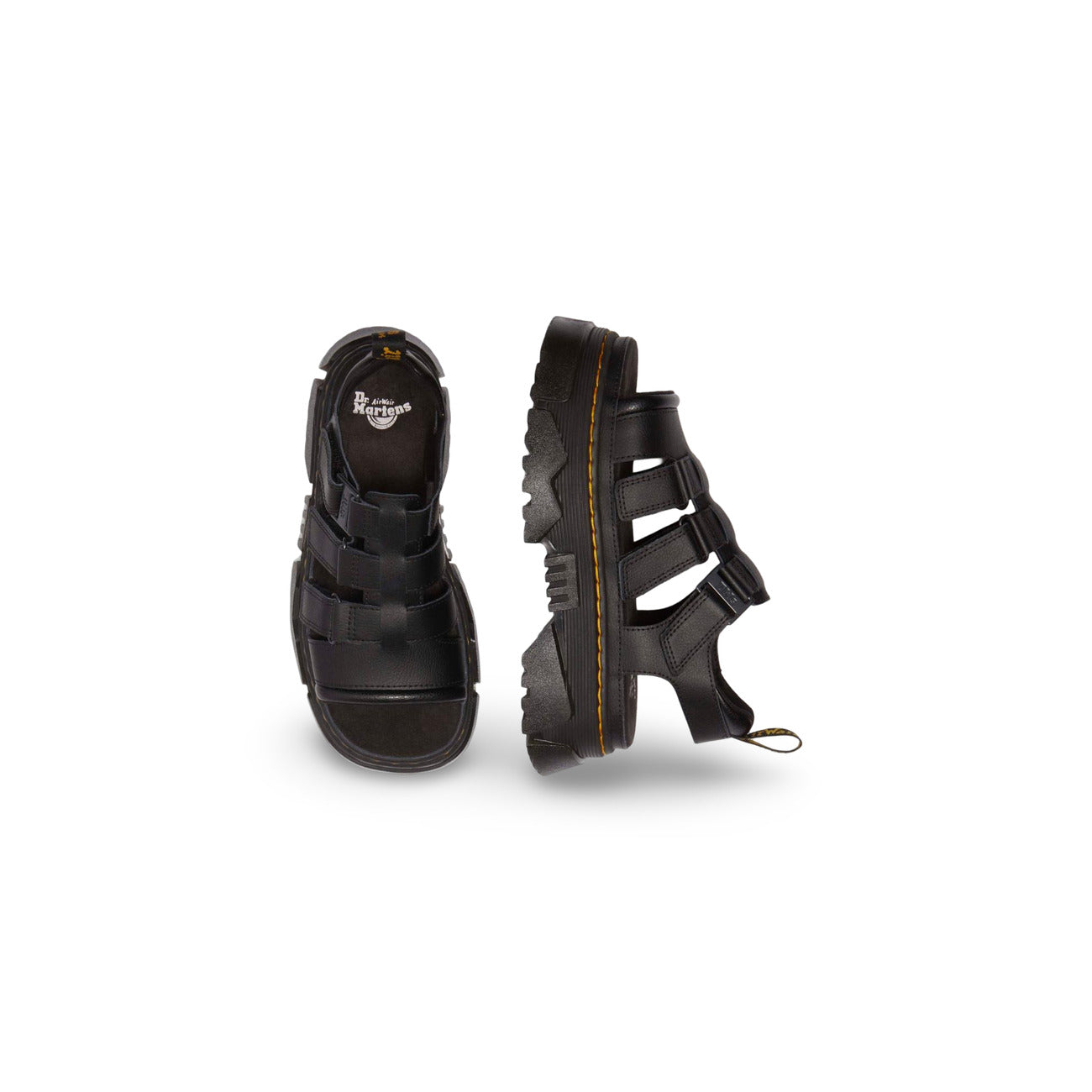 Dr. Martens Sandalo Mattison Platform; Nero. 100% Pelle Athena opaca. Tacco 5 cm, suola ibrida EVA/PVC, sottopiede in camoscio e chiusura a fibbia. Dettagli originali Dr. Martens con cuciture gialle.