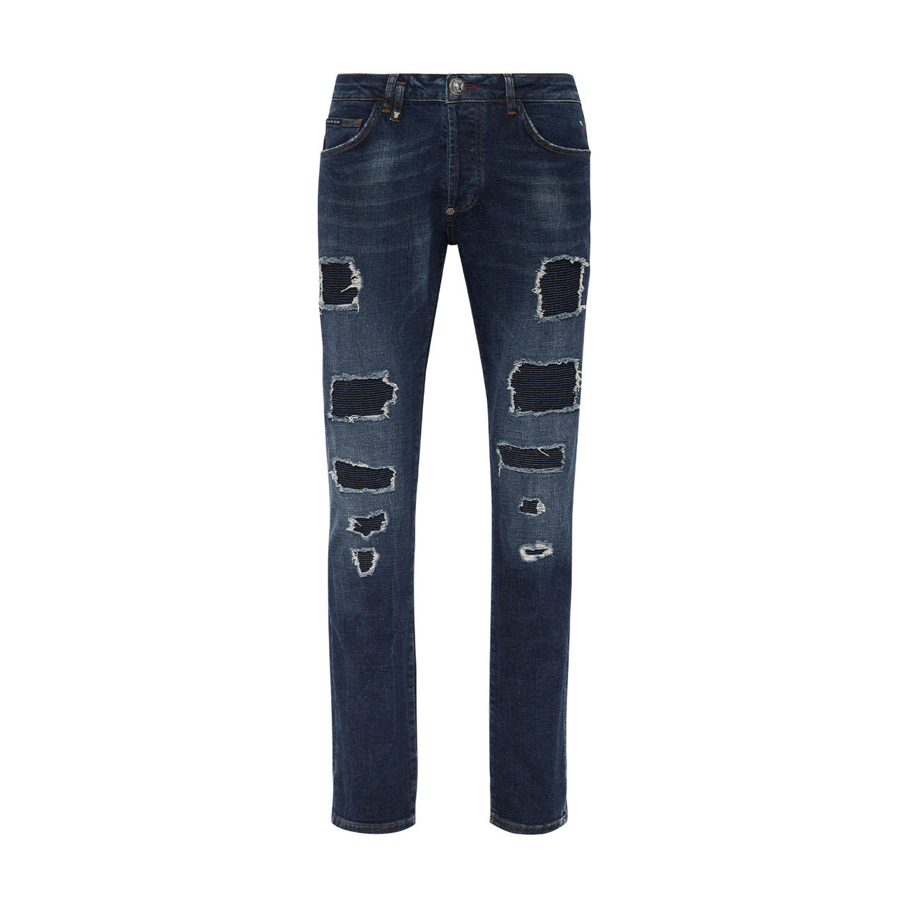 Philipp Plein Jeans Uomo Blu Effetto Strappato e Consumato in Cotone 98% Elastan 2% con Zip e Bottone Tasche Anteriori e Posteriori EBO_2054