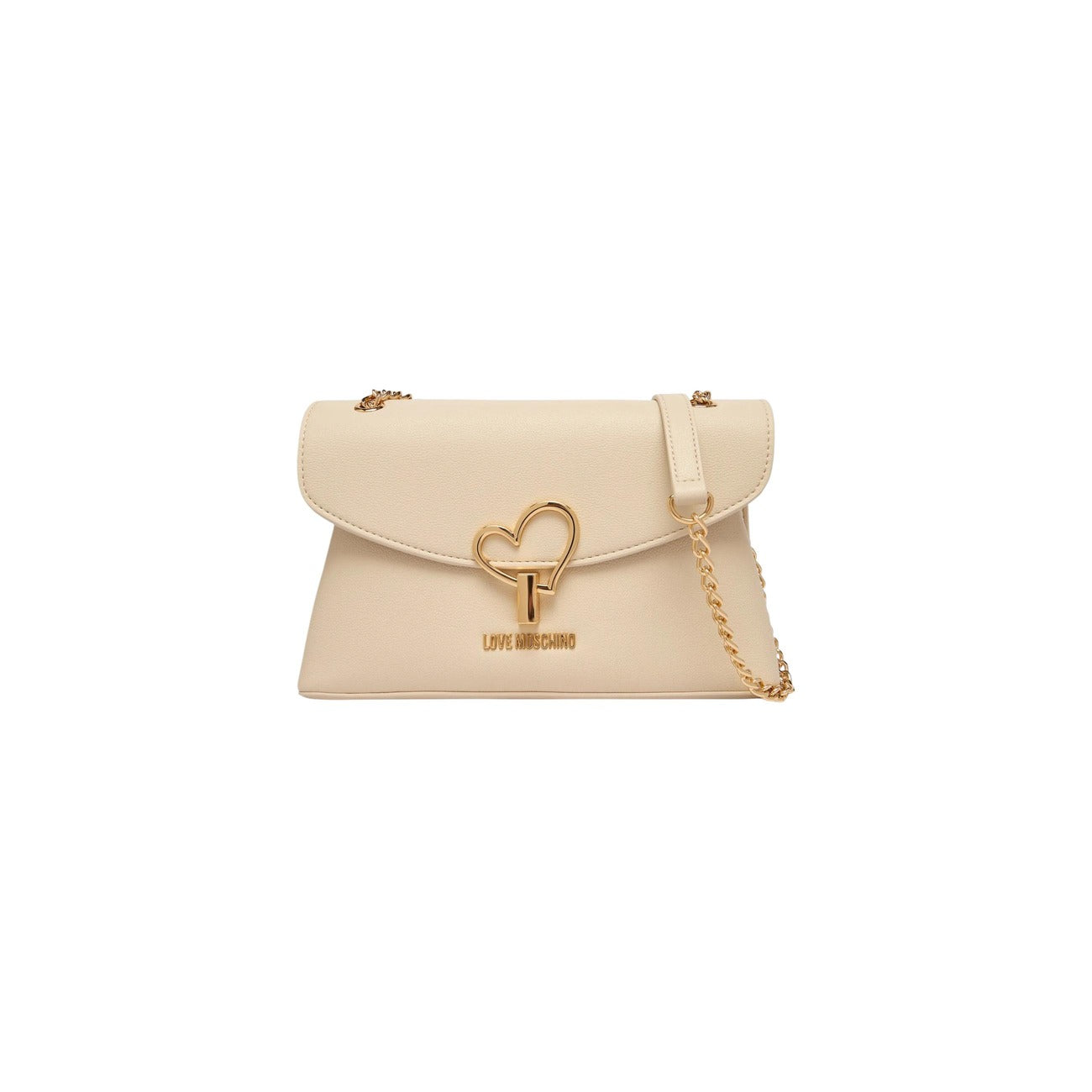 Borsa Love Moschino donna beige a spalla modello JC4138PP1. Borsetta media a tracolla color beige cipria/nude con catena oro e dettaglio cuore dorato sulla patta stile elegante, chic e da cerimonia o sera.