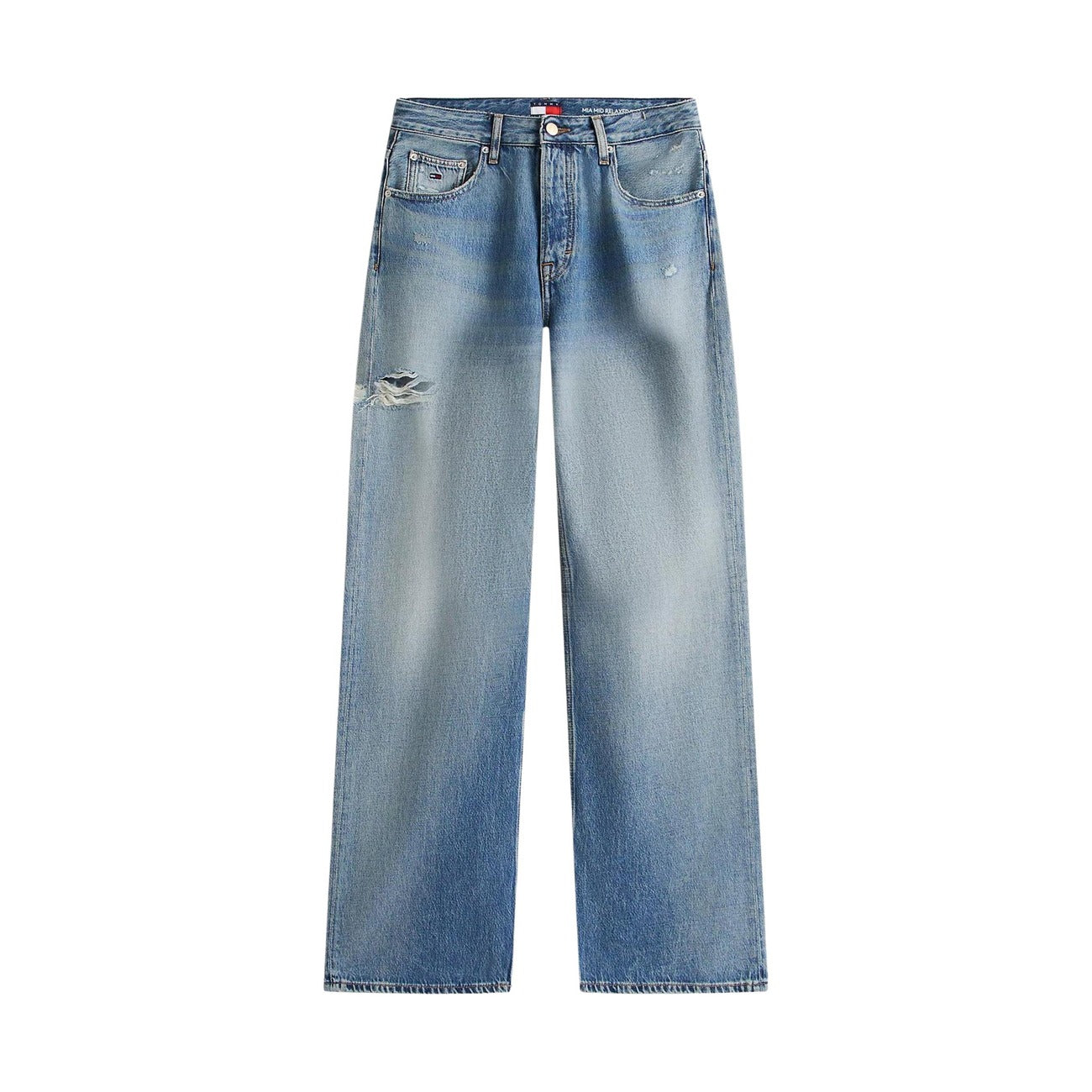Jeans Tommy Hilfiger Mia; Ultra Relaxed Fit, Azzurro. 71% Cotone Organico, 29% Lyocell. Taglio dritto, vita media, dettagli distressed. Stile grunge-vintage per la stagione Primavera/Estate. Vista stesa 