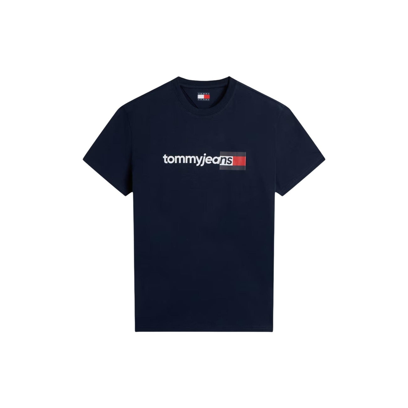 T-shirt blu navy Tommy Jeans; Logo Print. 100% Cotone Rigenerato. Regular fit, girocollo, stile casual sostenibile. Leggera, traspirante e iconica. Vista Stesa frontale 