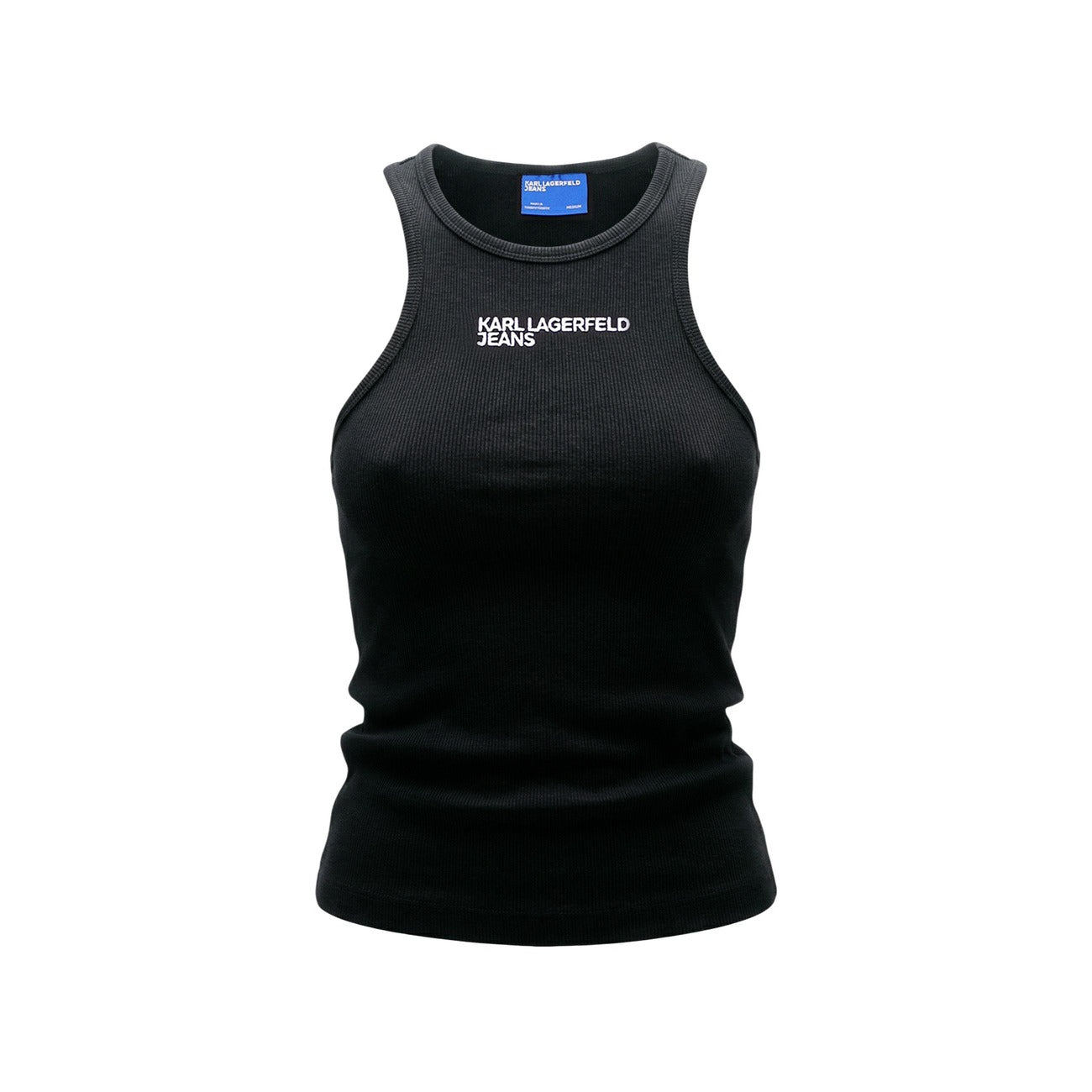 Canotta Ribbed Karl Lagerfeld; 96% Cotone Bio, 4% Elastan. Tessuto a costine, vestibilità slim, logo ricamato. Top donna sostenibile, fresco e traspirante per la PE26 Vista frontale 