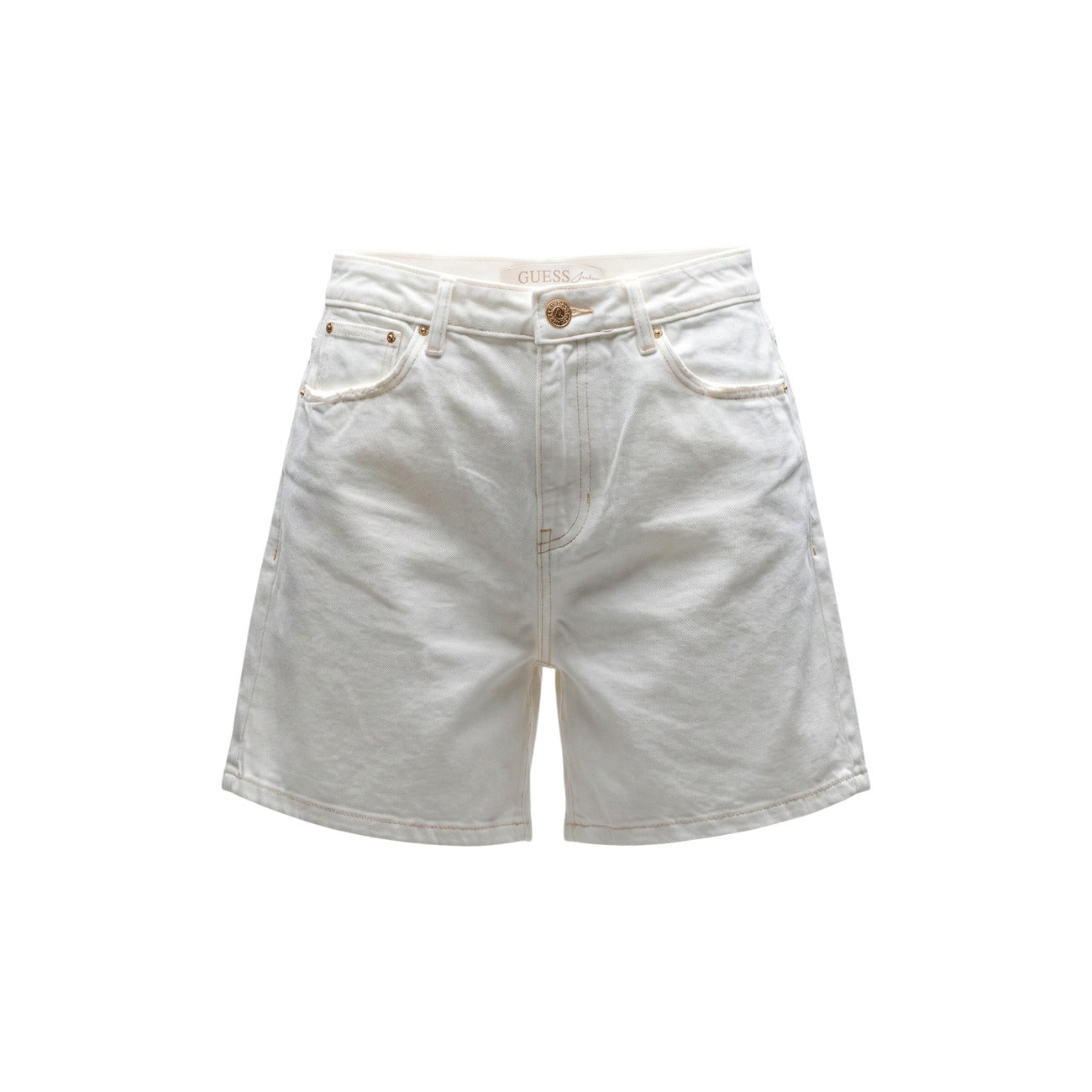 Guess Super Relaxed Short; Bianco. 74% Cotone, 26% Lyocell. Vita alta, gamba ampia, modello 5 tasche con logo iconico. Tessuto leggero e traspirante. Vista stesa 