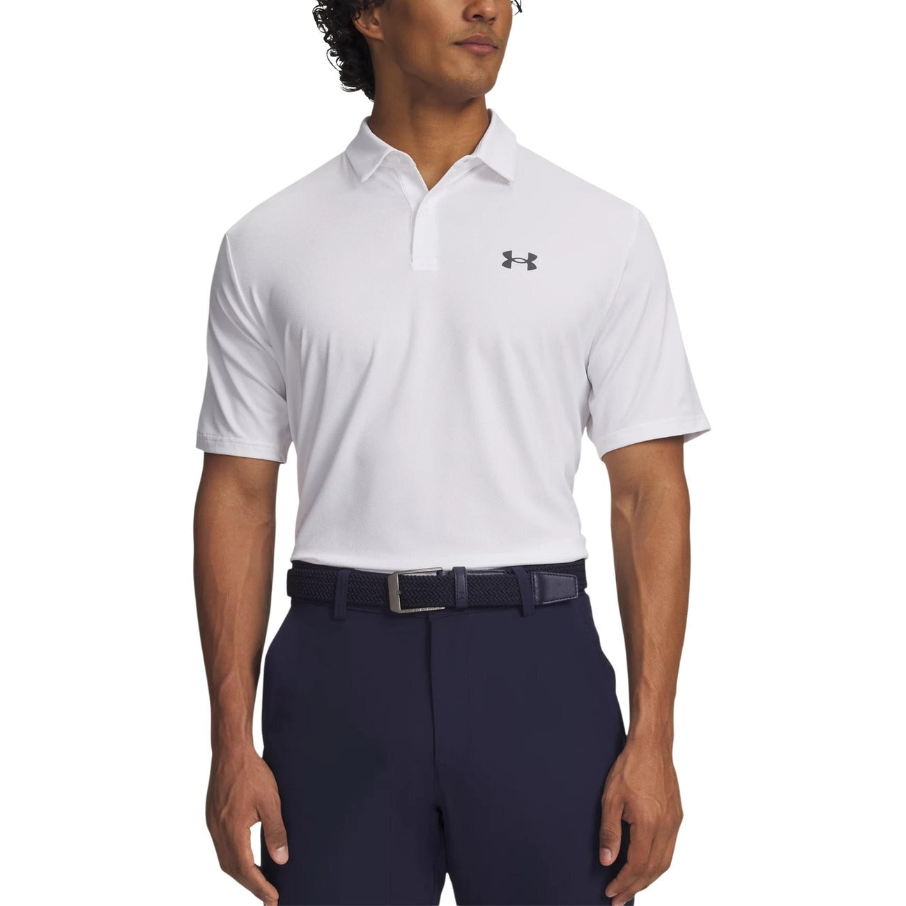 Polo Under Armour SHORT-SLEEVE PERFORMANCE 3.0 uomo bianca con bottoni maniche corte scollo tondo colletto polo 93% poliestere 7% elastan - vista frontale indossata da modello
