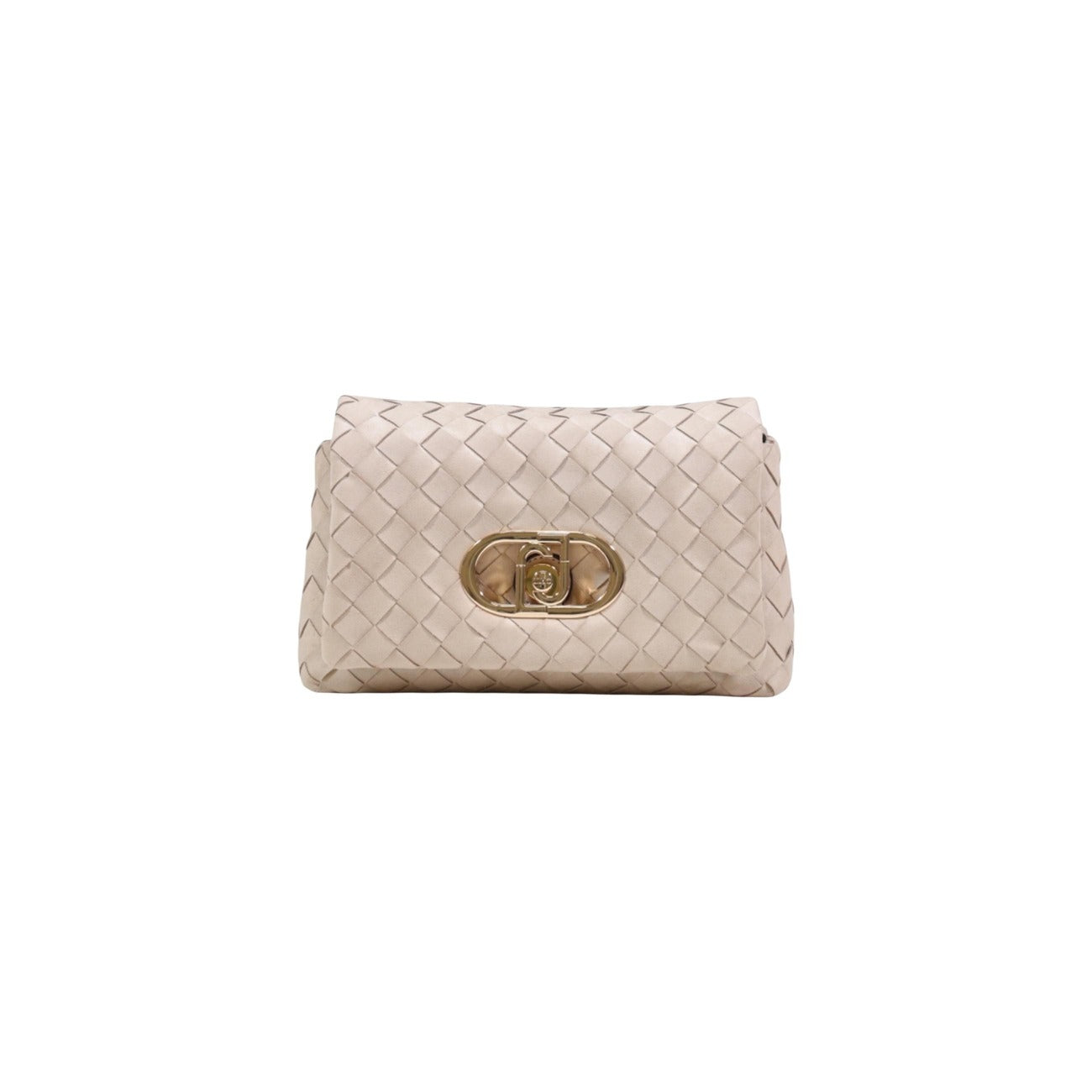 Borsa Liu Jo M CROSSBODY in similpelle intrecciata donna beige con chiusura a girello metallo dorato zip bottoni automatici tasca interna 100% poliestere - vista frontale

