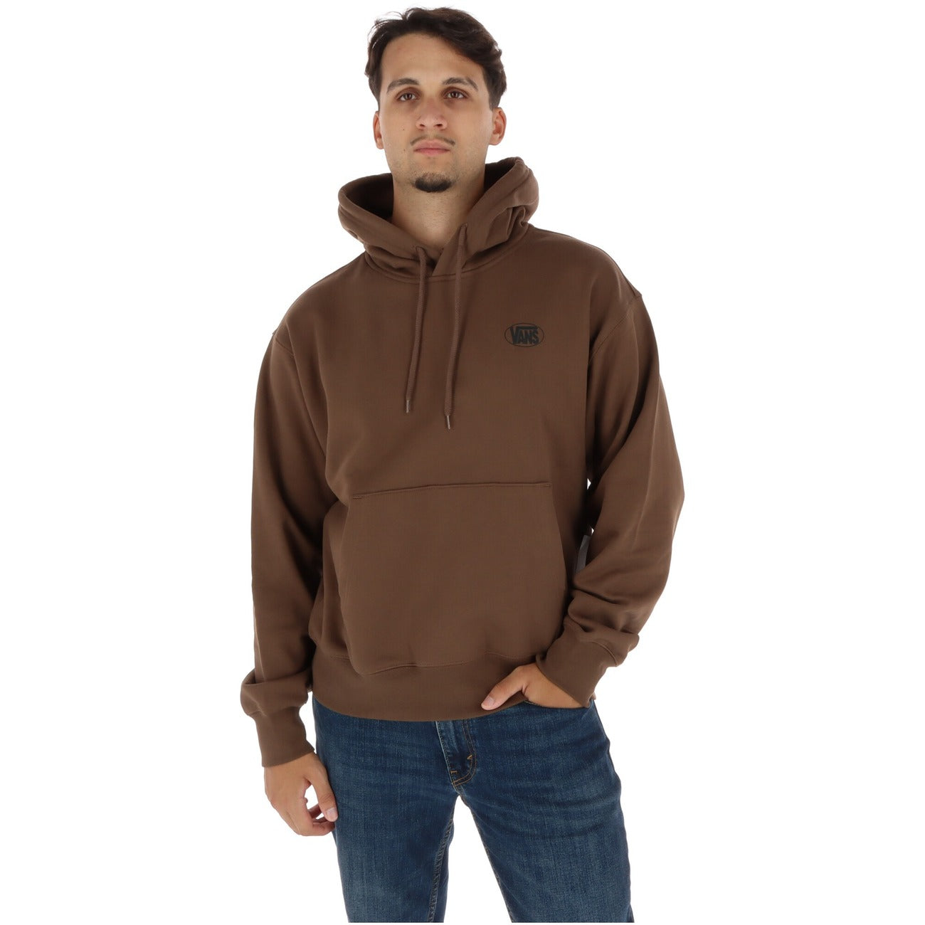 Felpa Vans marrone con cappuccio da uomo VN0010G2FST1. Hoodie oversize in cotone morbido con tasche anteriori a marsupio, maniche lunghe e stampa grafica logo retro stile vintage.