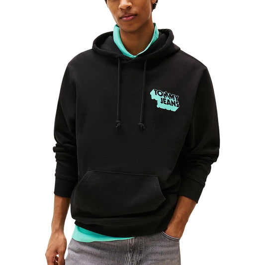 Tommy Hilfiger Jeans Felpa Cappuccio Uomo Nero Stampa Maniche Lunghe Tasca Esterna Cotone Organico 100% Autunno Inverno DM0DM21625