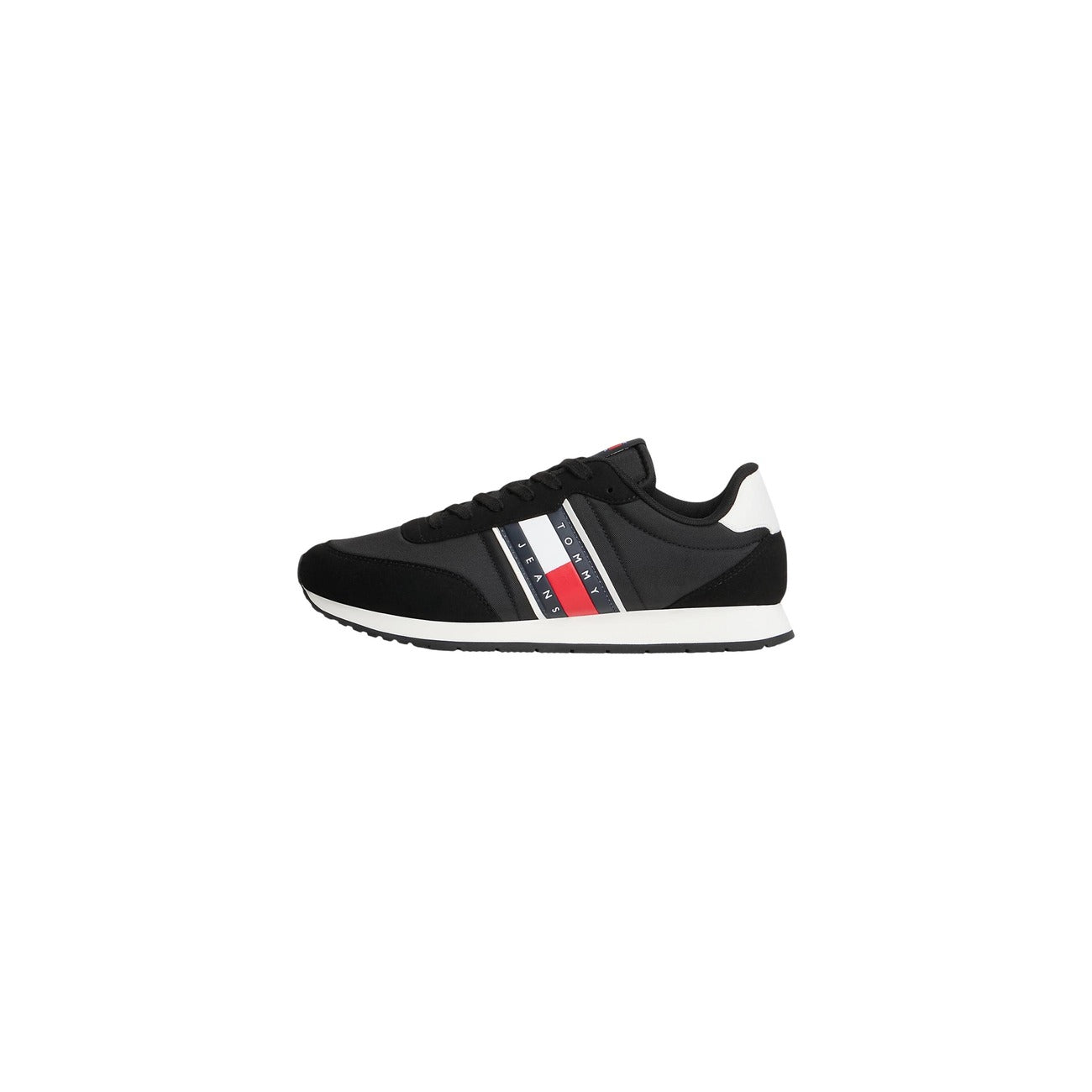 Sneakers Tommy Jeans uomo nere EM0EM01709. Scarpe sportive basse tipo runner con suola in gomma ed EVA, tomaia multimateriale nera, inserti a contrasto e logo Tommy sulla linguetta e sul lato.
