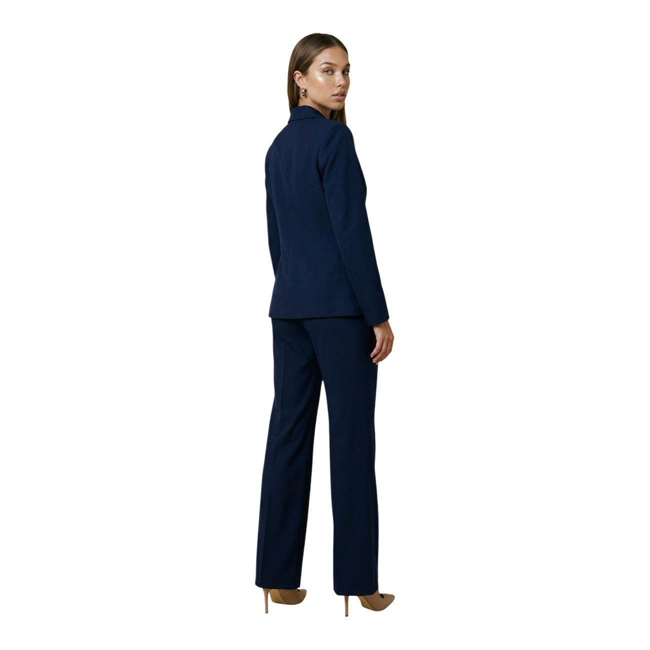 Blazer Doppiopetto I AM; 88% Poliestere, 12% Elastan. Blu Navy, bottoni oro, Slim Fit, revers a lancia. Giacca donna elegante, stretch e antipiega, Made in Italy. Vista posteriore 