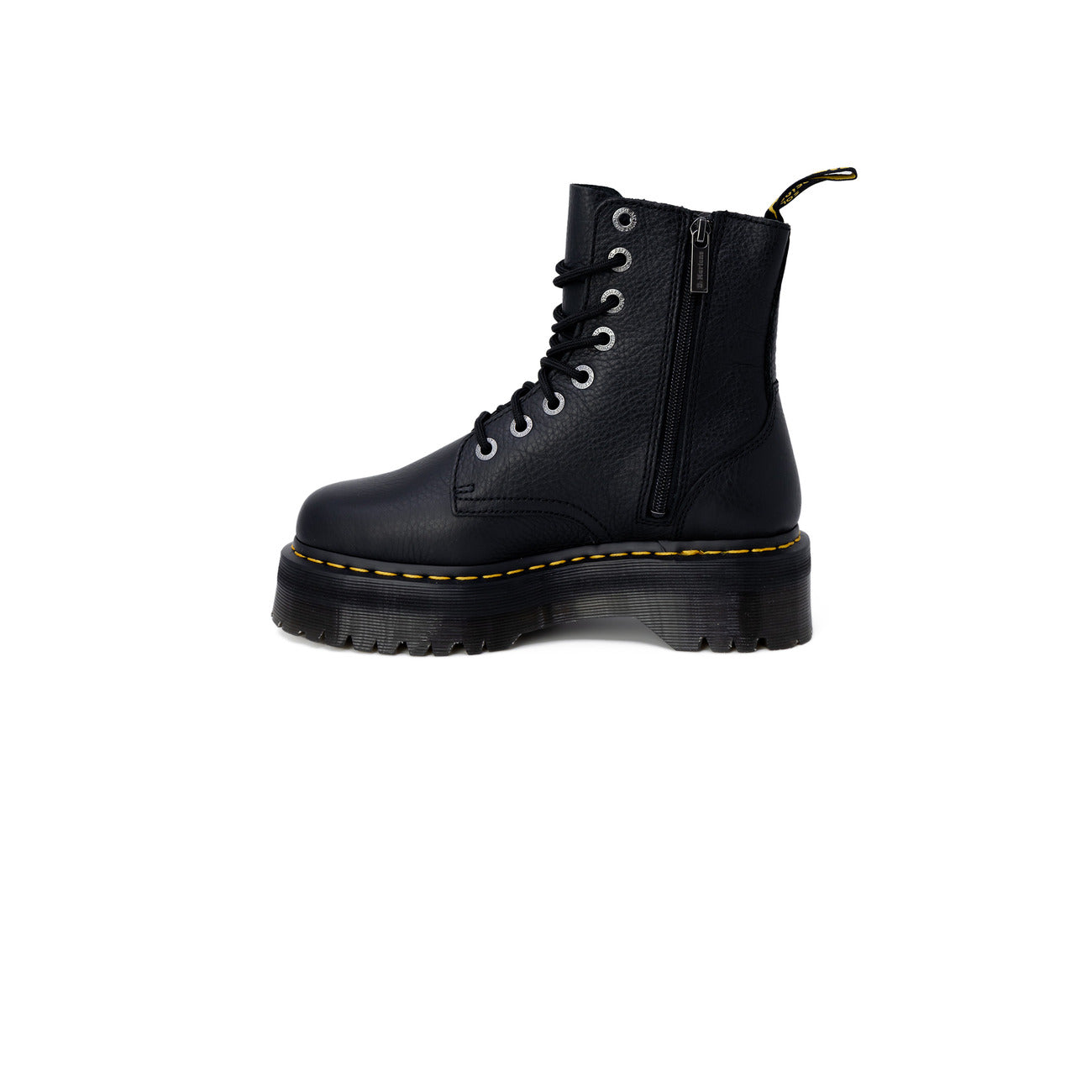 Anfibi platform Dr Martens Jadon 3 pelle Pisa nero. Stivaletti alti con zeppa alta, pelle nappa bottalata morbida con finitura cerosa, cerniera laterale e impunture gialle Dr Martens.