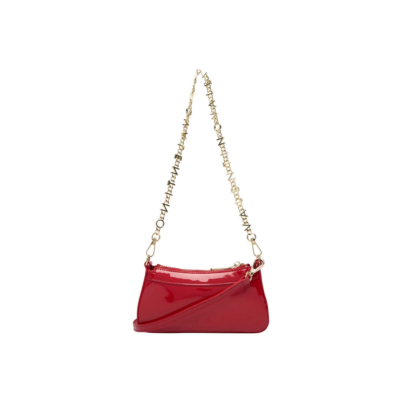 Borsa Piccola Rossa Donna Valentino Bags Elly; Misure 20x10x4 cm. Tessuto 100% poliuretano lucido verniciato stile baguette con zip. Tracolla corta a catena in metallo dorato logato, stile elegante 4 stagioni. Vista Posteriore 