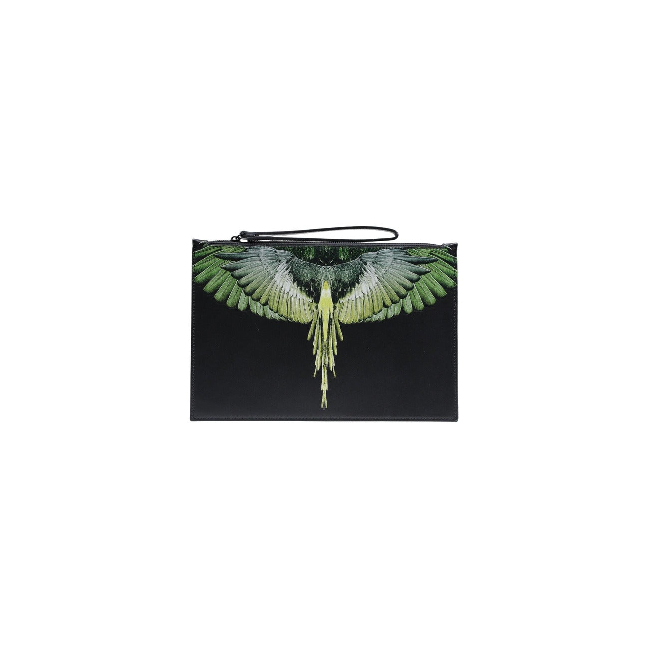 Pochette County of Milan Wings; ecopelle premium, stampa ala grafica, chiusura zip, laccetto da polso. L'accessorio urban essenziale.