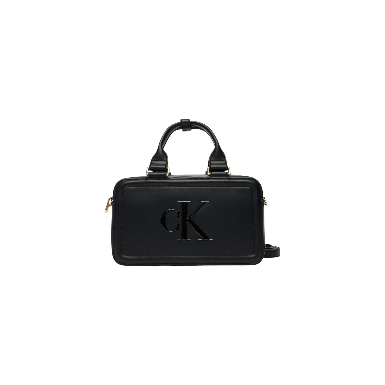 Calvin Klein Bauletto Bold CK; borsa nera piccola in ecopelle con logo monogramma in rilievo, doppia portabilità e chiusura sicura. Stile iconico e versatile per ogni occasione. Vista frontale 