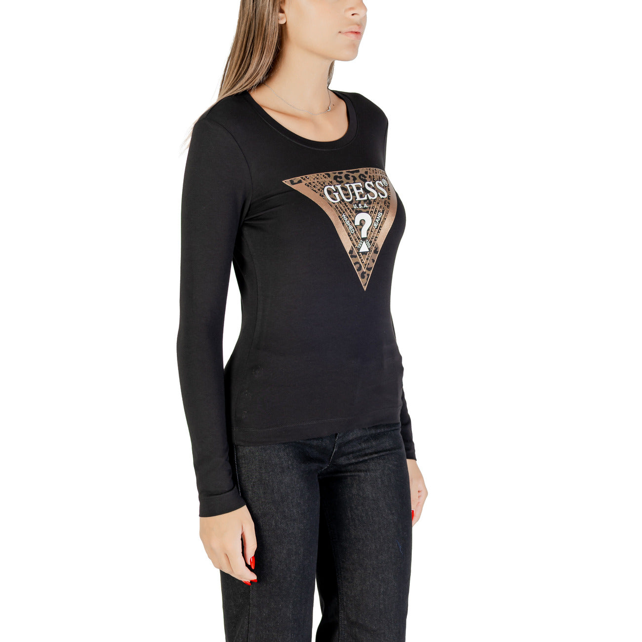 Guess T-Shirt Donna Nero Stampa Maniche Lunghe Scollo Tondo Cotone 95% Elastan 5% W5BI75 J1314