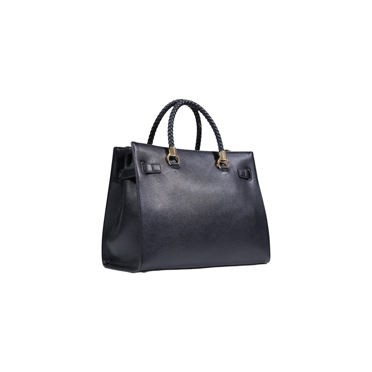 Borsa Satchel Liu Jo Better; effetto bottalato nero. Tre scomparti (zip e magnetico), manici intrecciati, tracolla removibile. Borsa donna media, versatile e sostenibile. Vista posteriore laterale 