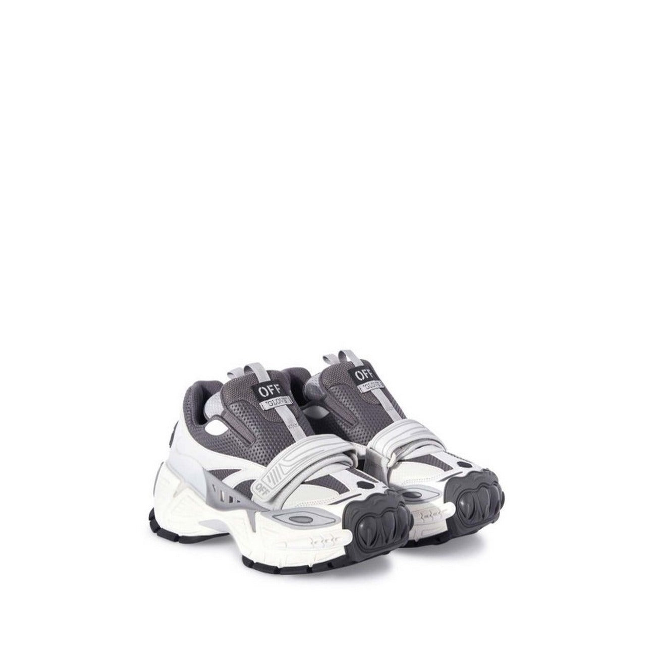 Sneakers Off-White; Grigio/Bianco/Nero, 100% Pelle. Chiusura in velcro, inserti in mesh, suola chunky pronunciata. Design futuristico per la stagione Autunno/Inverno. Vista frontale 