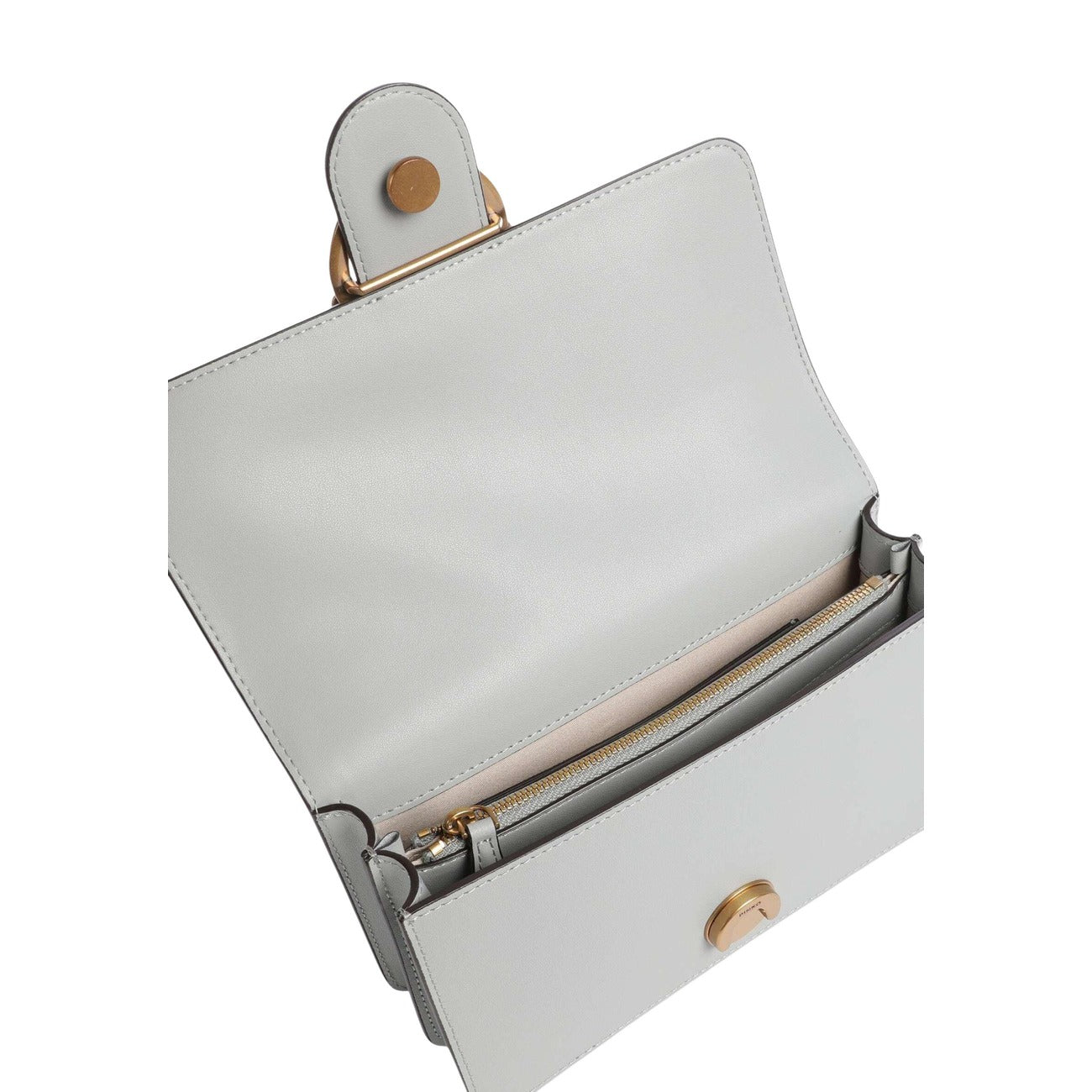 Borsa Pinko Love One Mini; Poliuretano Premium. Chiusura Love Birds dorata, tracolla regolabile, silhouette compatta. Borsa a tracolla donna elegante e di tendenza.Vista aperta 