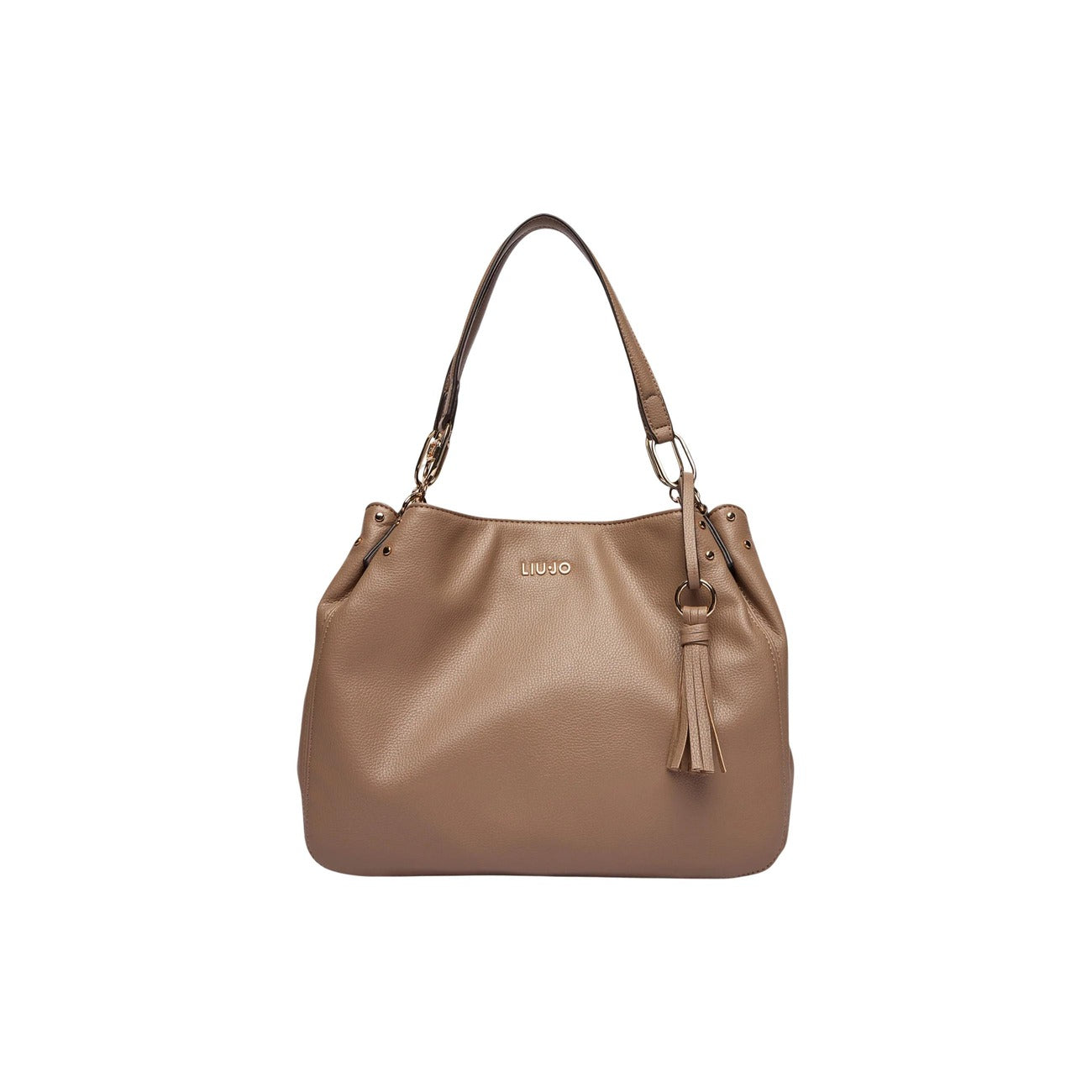 Borsa Liu Jo ECS M Satchel color Cammello; 100% Poliuretano. Charm con frangia, dettagli dorati, doppi manici. Borsa media versatile, elegante e capiente. Vista frontale 