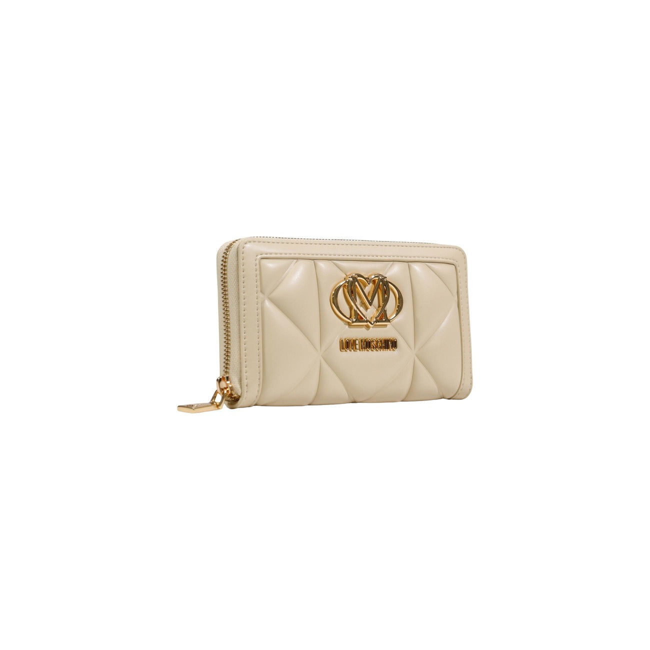Portafoglio Love Moschino donna bianco grande modello JC5644PP1. Portafogli zip-around trapuntato bianco avorio con logo metallico dorato lucido e scomparti interni per tessere, banconote e monete, stile elegante e chic.