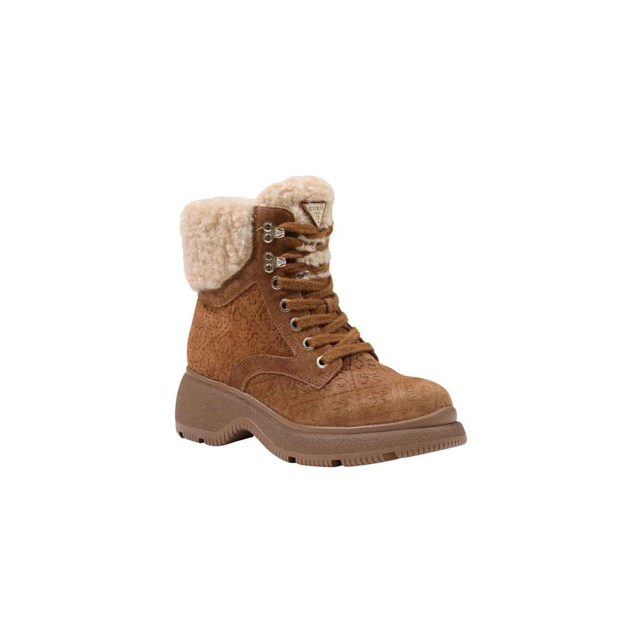 Stivaletti anfibi Guess Vikki FLFVIK SUE10 donna. Scarponcini invernali effetto velluto con logo impresso, risvolto caldo in ecopelliccia imbottita, tacco comodo 6 cm e suola carro armato antiscivolo.