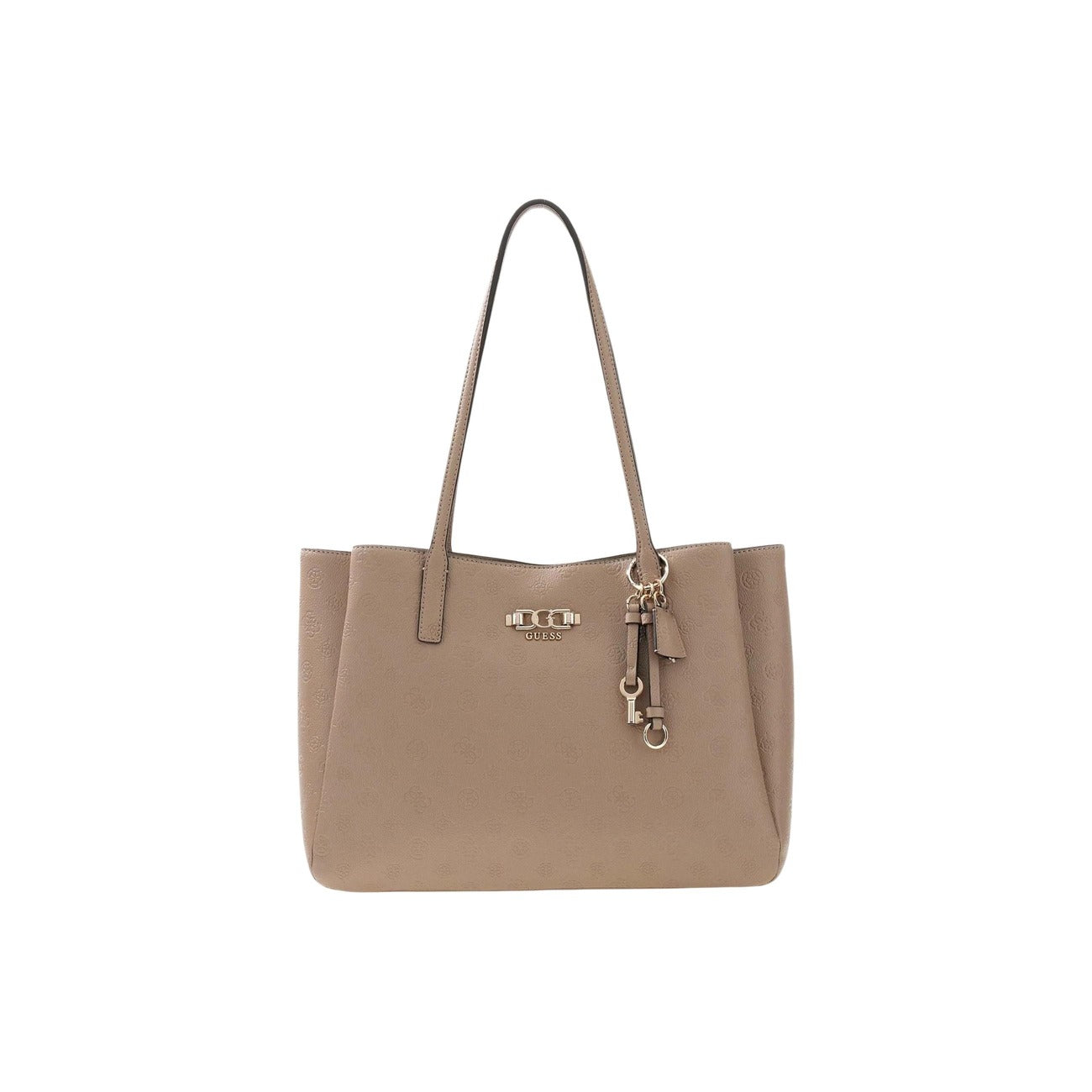 Guess Anise Multi Comp Tote HWPD99, borsa beige scuro grande a spalla con dettagli dorati e charm; interno multi-scomparto, chiusura sicura e logo metallico, massima praticità e stile. Vista frontale 