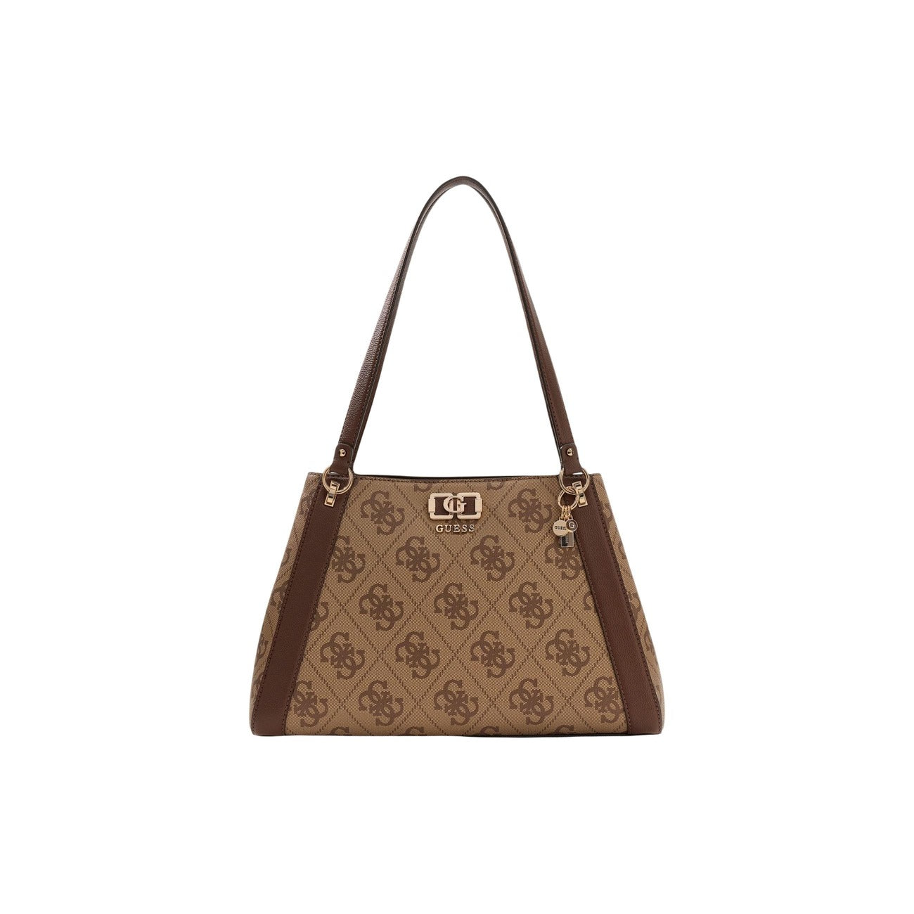 Guess Karnilla Carryall Bag; borsa marrone a spalla grande con stampa logo 4G, dettagli metallici dorati e interno extra-space. L'accessorio perfetto per la donna dinamica e moderna. Vista frontale 