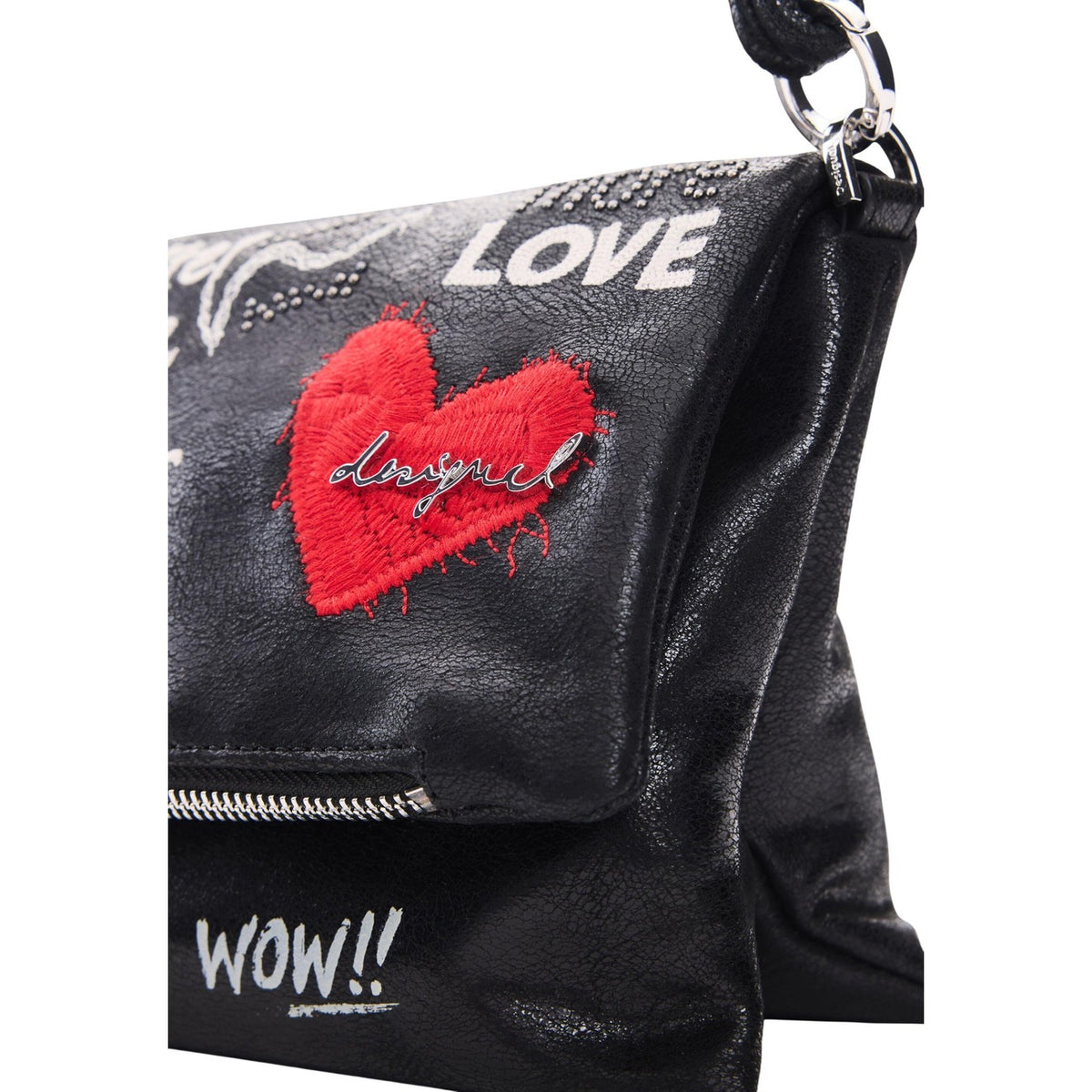 Borsa a tracolla nera donna Desigual con stampe grafiche – Borsa effetto pelle con charm cuore Desigual 26WAXP39.
