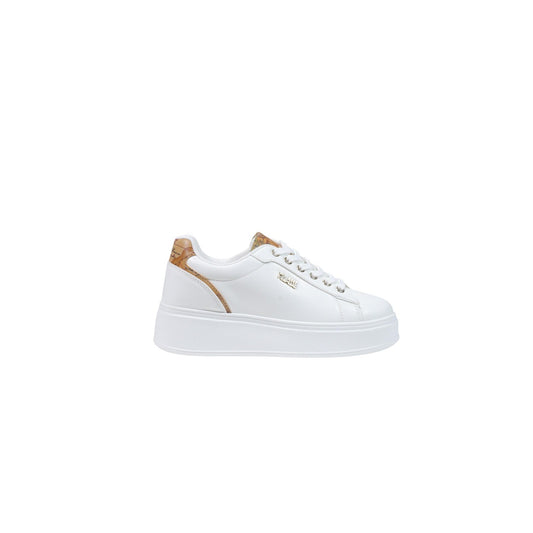 Sneakers bianche platform donna Alviero Martini Prima Classe 26IZ11625300. Scarpe da ginnastica in ecopelle bianca con suola rialzata 5,5 cm, inserti mappa Geo Classic, logo dorato e soletta estraibile.